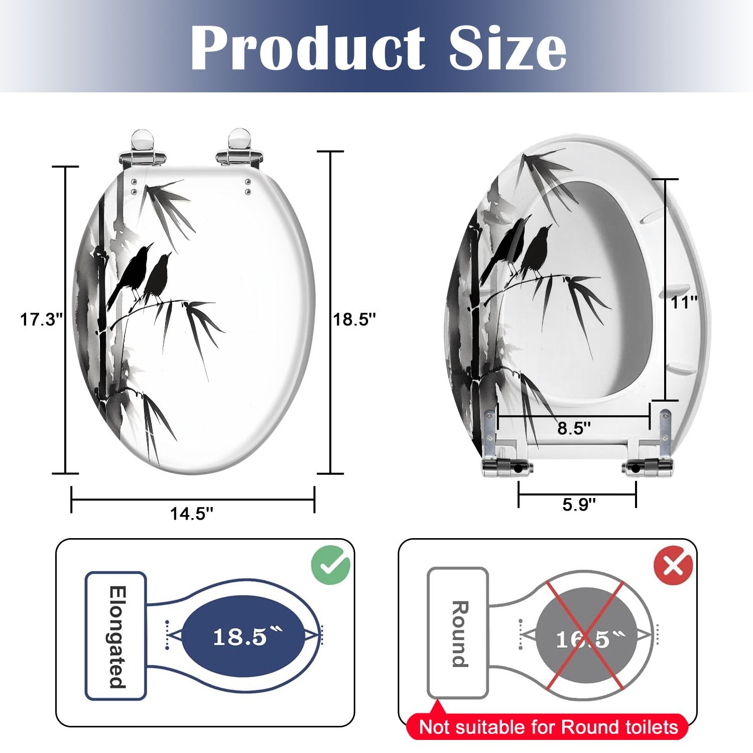 Sedile WC Allungato In Resina Effetto Bambù con Geroglifico E Hua E Due Merli, Chiusura Lenta E Silenziosa, Sgancio Rapido, Facile Da Pulire E Installare.