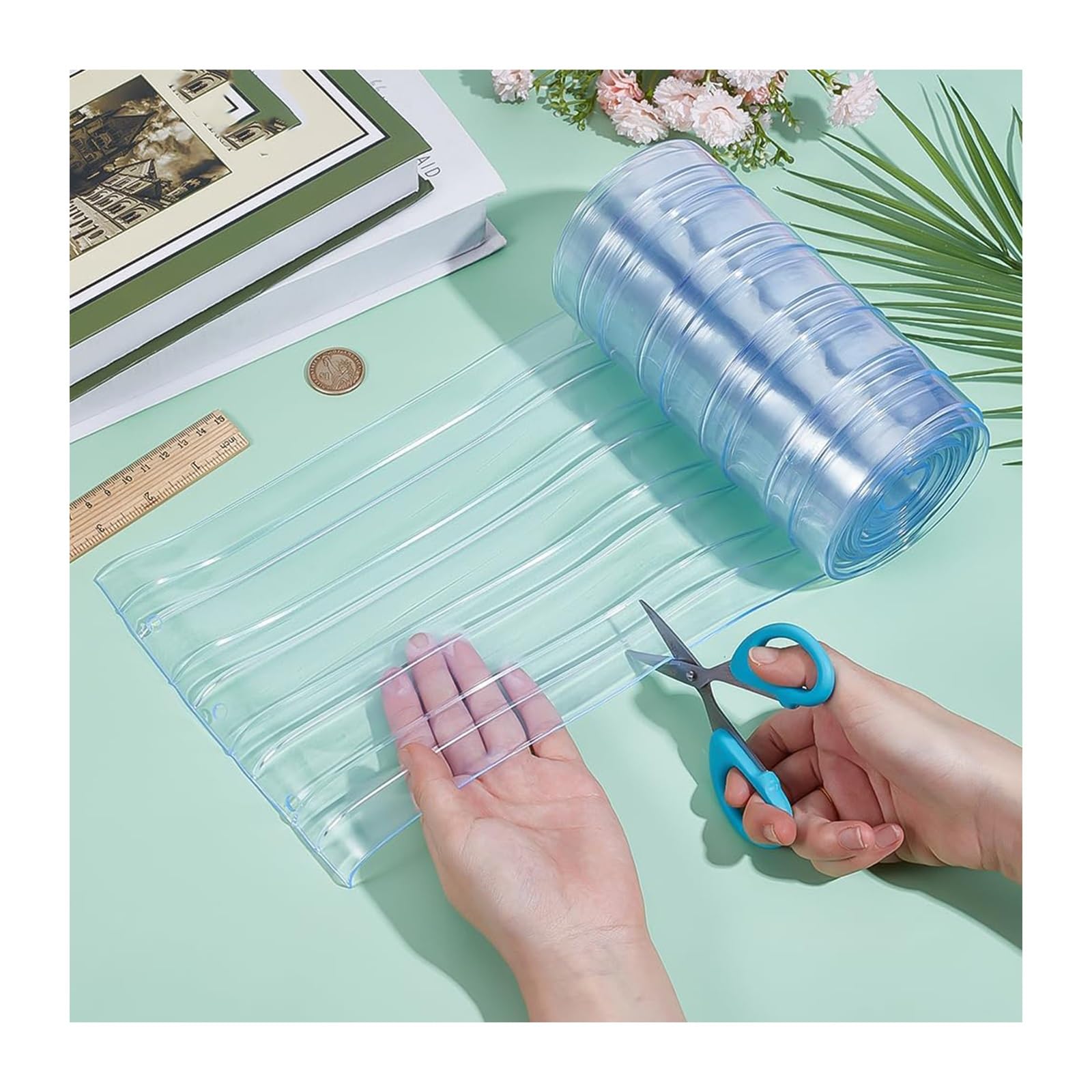 Kit complet de rideau à lamelles en PVC transparent， Rideau industriel à lamelles en PVC transparent， avec Accessoires,Imperméable,Anti-poussière，Coupe-Vent(105x240cm/41.34x94.49in)