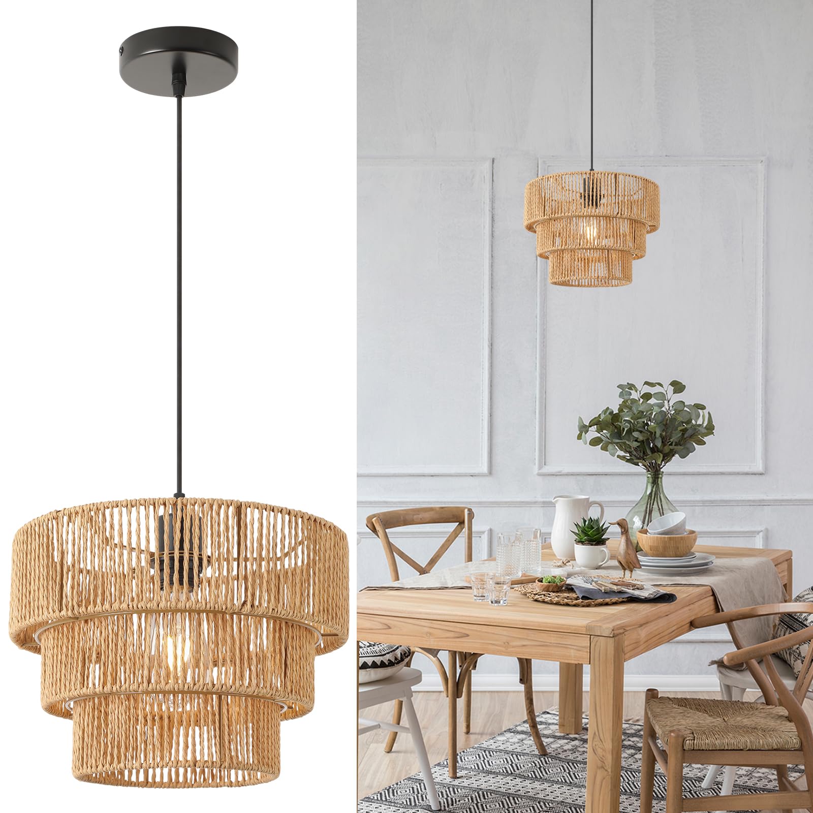 FORCOSO Hängelampe Rattan - Pendelleuchte Esstisch Boho Ø30cm Deckenlampe Rattan E27 Vintage Geflochten Hängeleuchte für Schlafzimmer Wohnzimmer Esszimmer Flur Küche