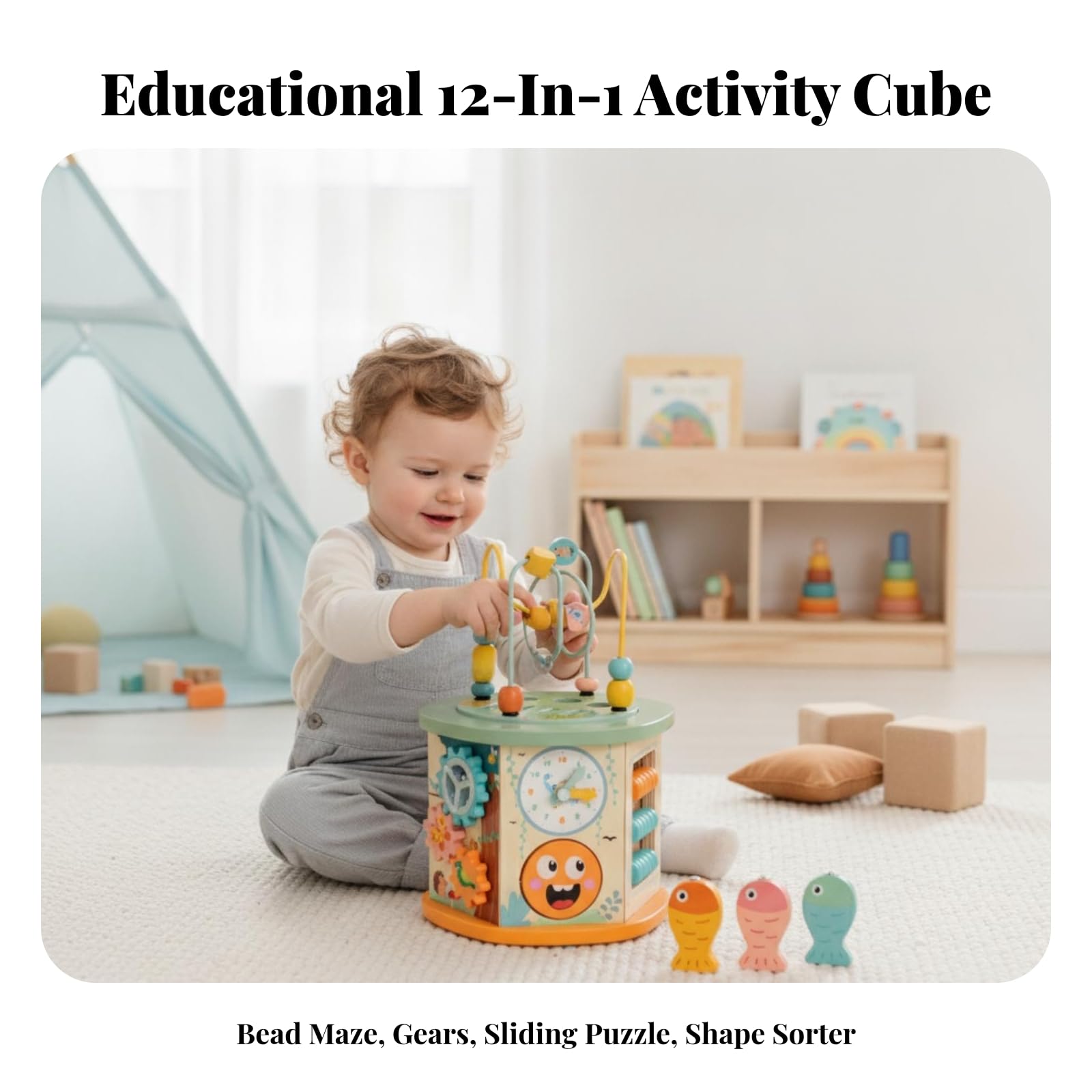 Cubo attività in Legno Resistente Gioco | Educativo, Cubo con percorso di Perline, Interattivo, Tavolo con Ingranaggi, per Casa, Neonati