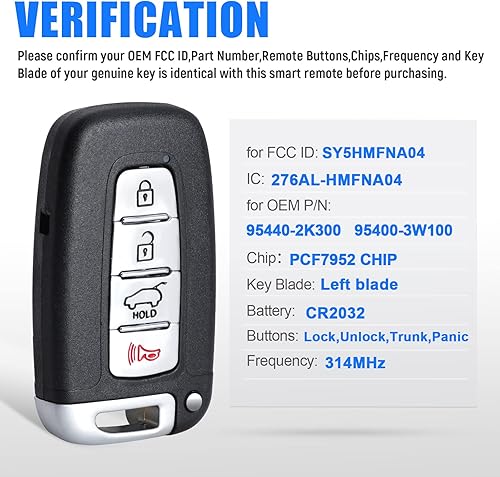 Miniatura 3 de Reemplazo remoto inteligente de entrada sin llave para HyundaiKia 2011 2012 2013 (FCC IDSY5HMFNA04 Número de pieza 95440-2K30095440-3W100) 4 botones