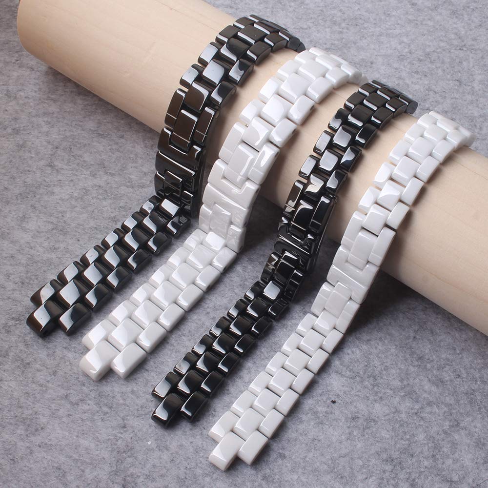 Convex Watchband Ceramic Black White Watch Bracelet Bands 16mm 19mm Strap Special Solid Links Folding Buckle Accessories Replace (19mm for Men, White)