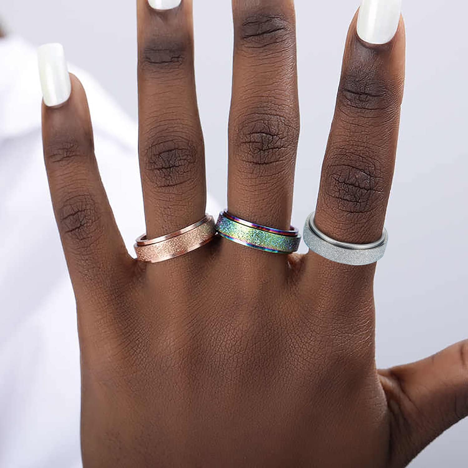 LAOYOU Spinner Anxiety Relief Fidget Ring for Women | 6MM Titanium Stainless Steel Glitter Stress Relieve Calming Rings Non Tarnish Hypoallergenic