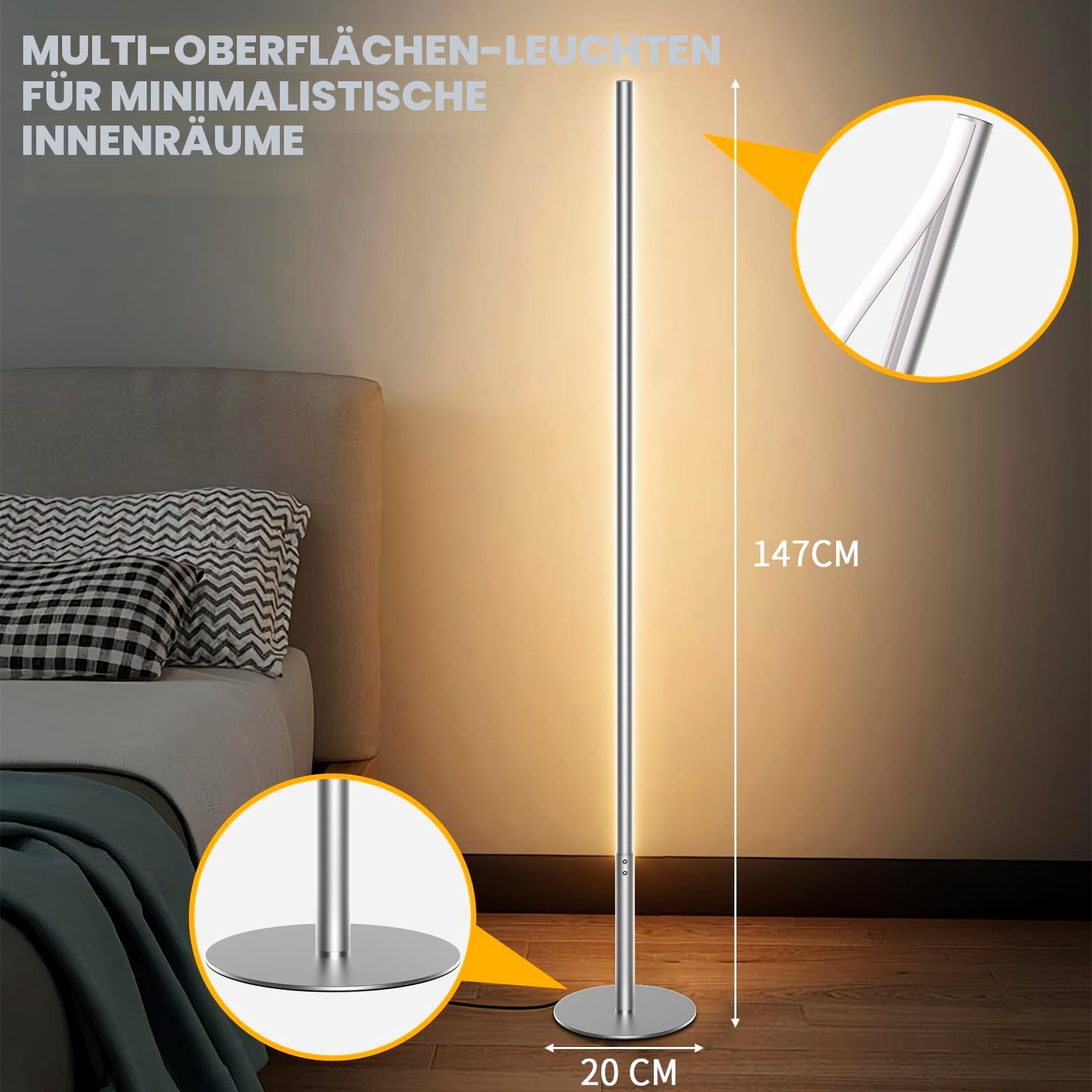 Ecklampe Silber fürs Wohnzimmer, dimmbar, mit Fernbedienung, 2700–6500 K