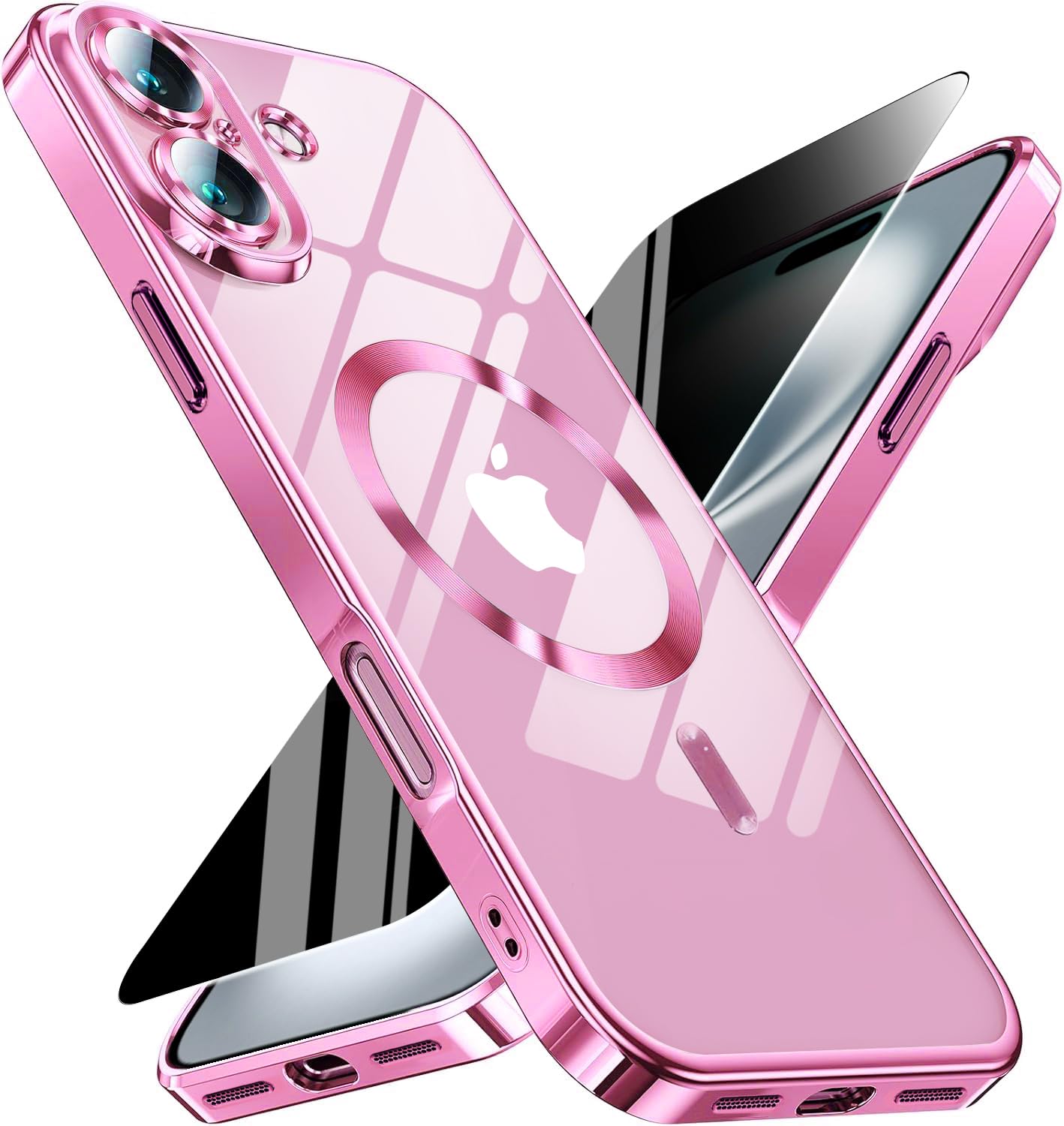 Magnetic for iPhone 16 Plus Case with Privacy Screen Protector &amp; Full Camera Cover,[Non-Yellowing] Plating Shockproof Clear Phone Case with Women Girls for iPhone 16Plus 6.7",Hot Pink