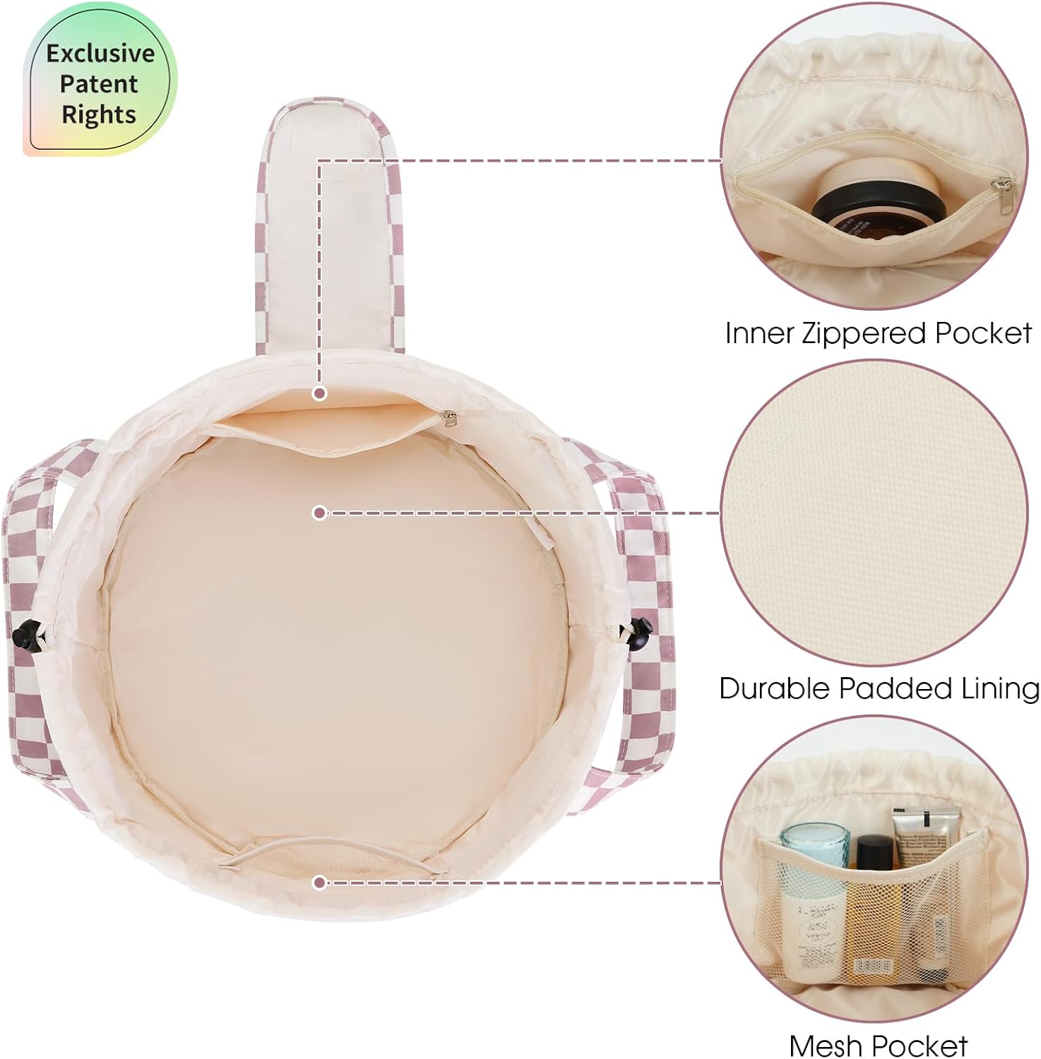 Narwey Barrel Drawstring Checkered Makeup Bag Large Cosmetic Bag Make up Bags Toiletry Bag Travel Bags for Toiletries Organizer for Women Gift for Teen Girls (Dusty Pink Checkerboard) (Patent) - Image 5