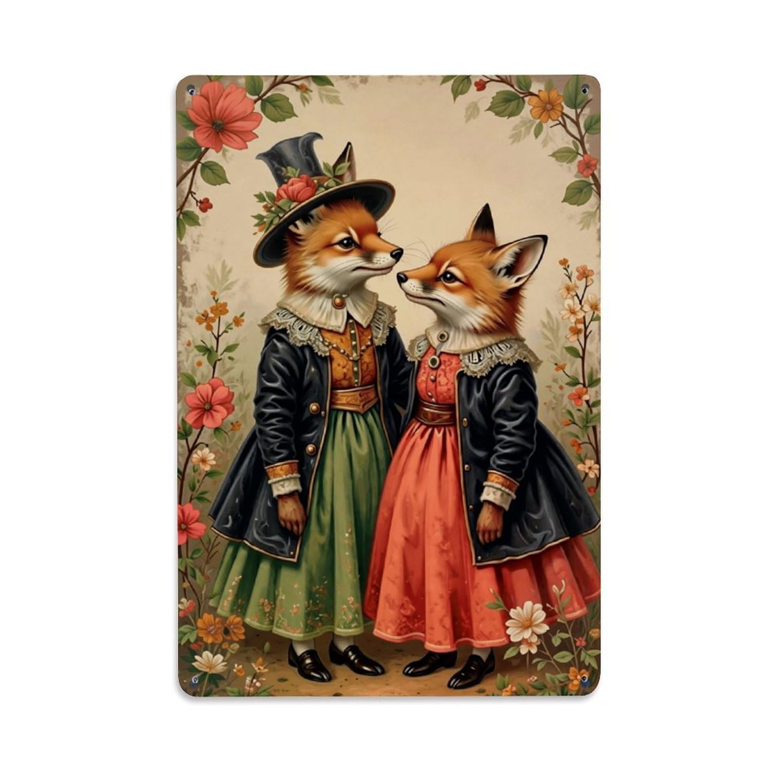 Nestemfo Vintage Floral Border Fox Portrait Tin Sign Metal Sign, Living Room,Bar, Home, Bedroom Wall Decor,Retro Metal Poster 8X12 Inches