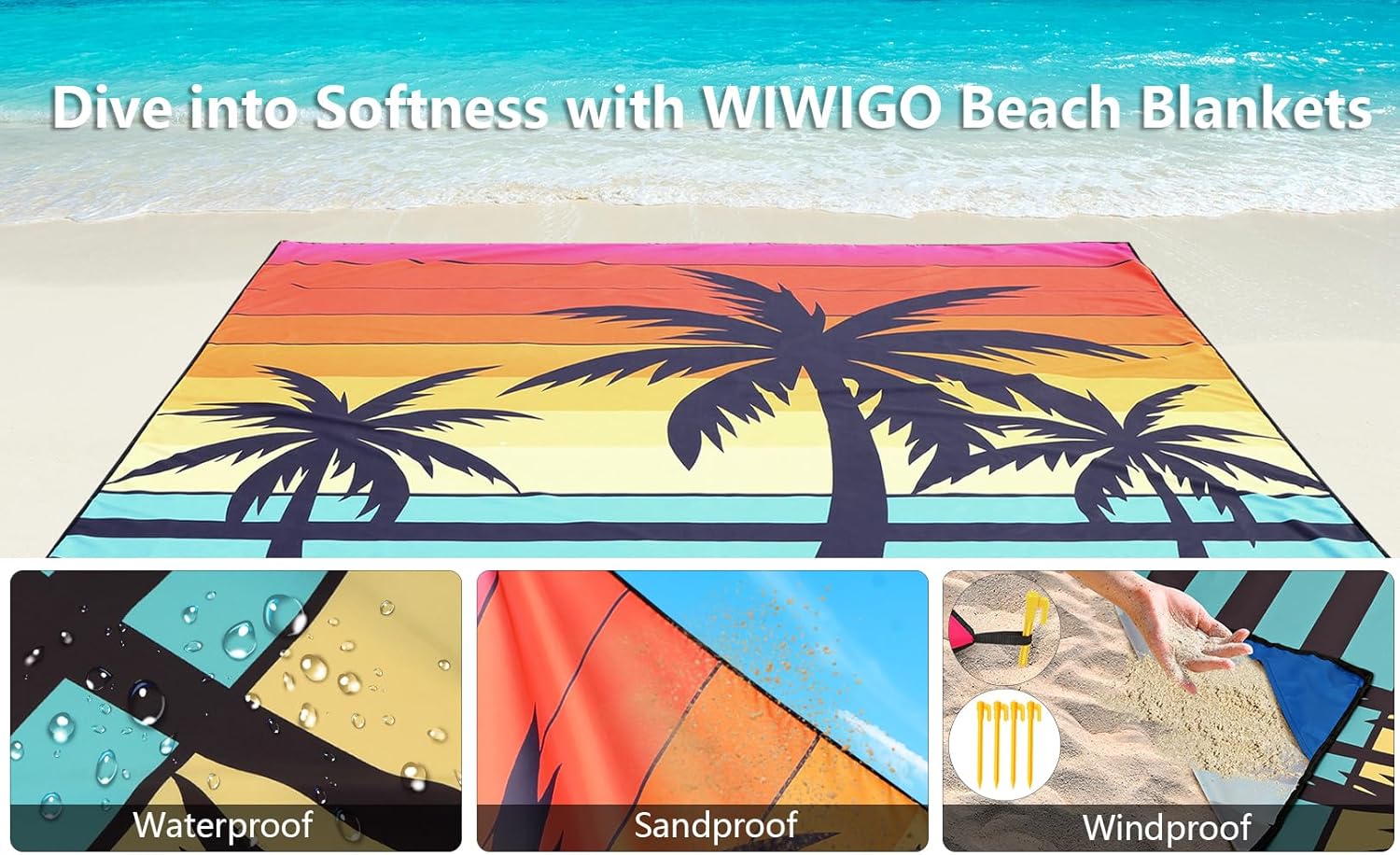 WIWIGO Beach Blanket Waterproof Sandproof Beach Mat 79" X 83"/10'x9'for 2-8 Adults Quick Drying Outdoor Picnic Mat Beach Accessories for Travel, Camping, Hiking