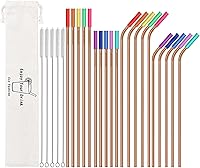 Vista 1 de 20 Pajitas de Acero Inoxidable Reutilizables de Oro Rosa, Pajitas Reutilizables de 10.5" y 8.5" para Beber con 20 Puntas de Silicona, 5 Cepillos