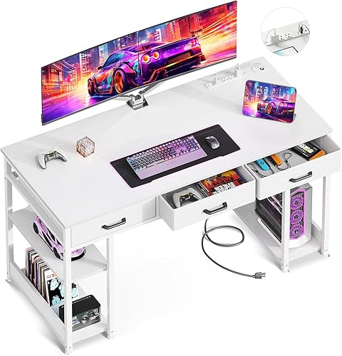 AODK Escritorio para computadora de 55 pulgadas con cajones de tela y tomas de corriente, escritorio de oficina con estantes de almacenamiento y