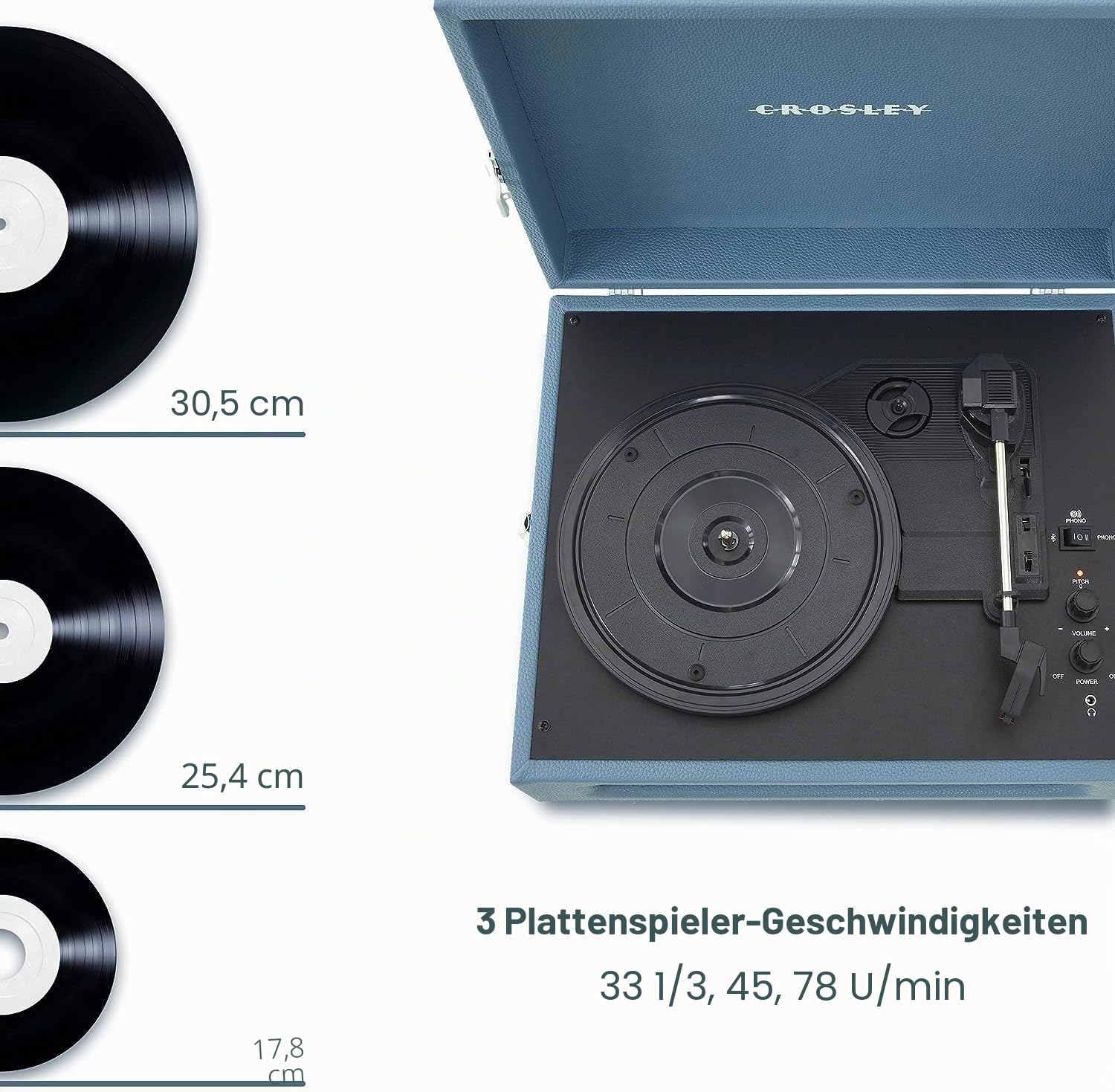 Crosley Voyager Plattenspieler mit 2 Lautsprecher, Bluetooth In & Out und AUX - 3 Speed Retro Schallplattenspieler - Für 7", 10" und 12" Vinyl - Tragbar mit Integriertem Koffer - Himmelblau