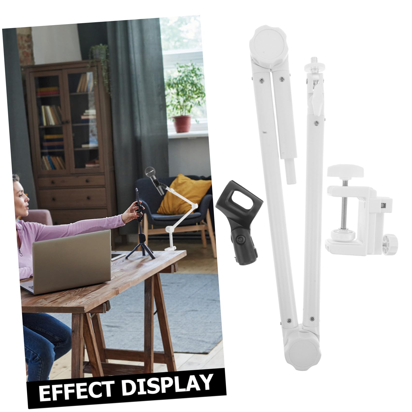 Supporto per Microfono da Scrivania Yz-38 Bianco, Asta Metallo | Rotazione 360 Gradi, Base Plastica e Clip Inclusa, per Streaming e Uso Domestico
