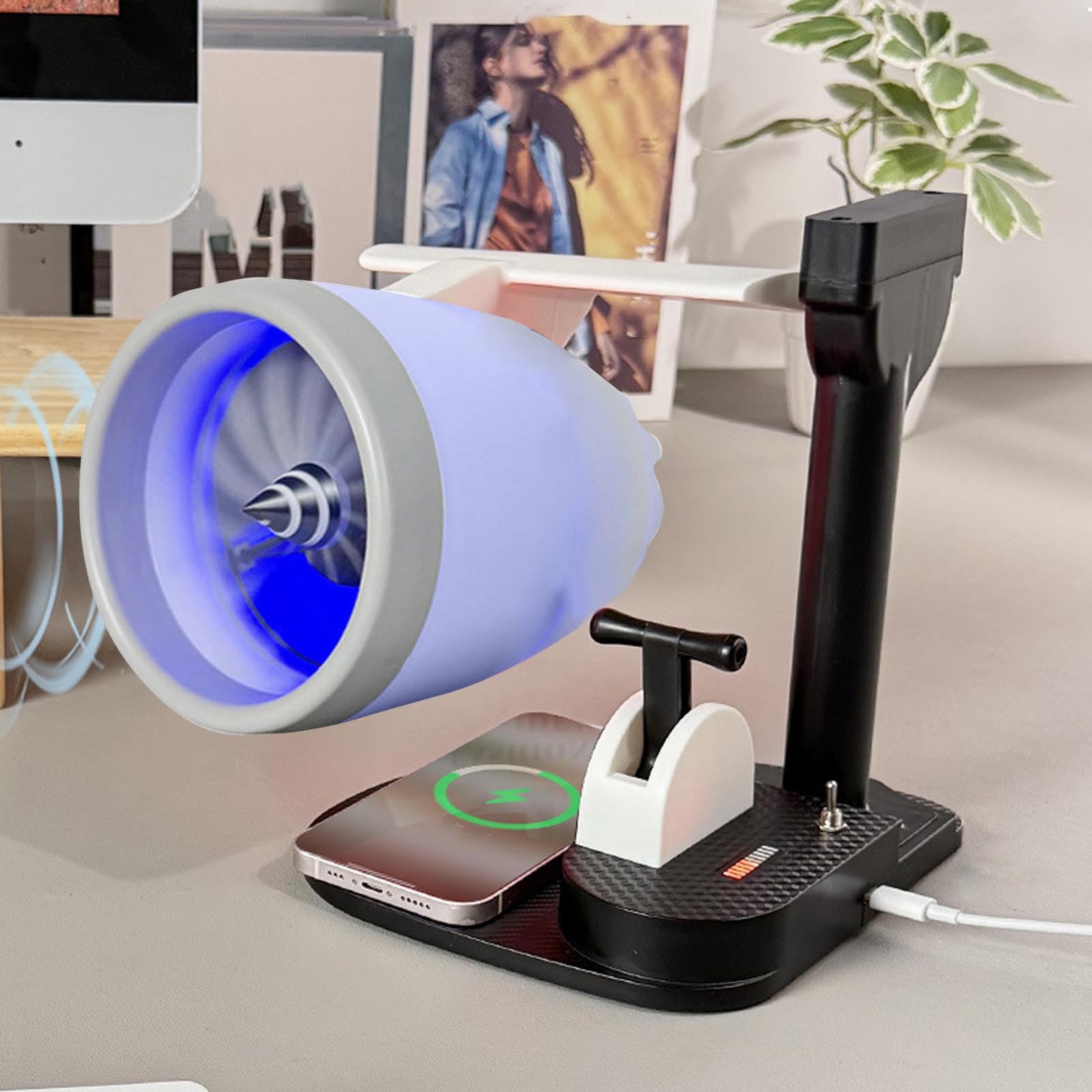 GOWENIC Ventilador de Escritorio Definitivo con Humidificador 3 en 1, Ventilador con Forma de Motor de Velocidad Ajustable de 4000 Rpm para Escritorio de Oficina, Ideal para Uso en el Hogar y la
