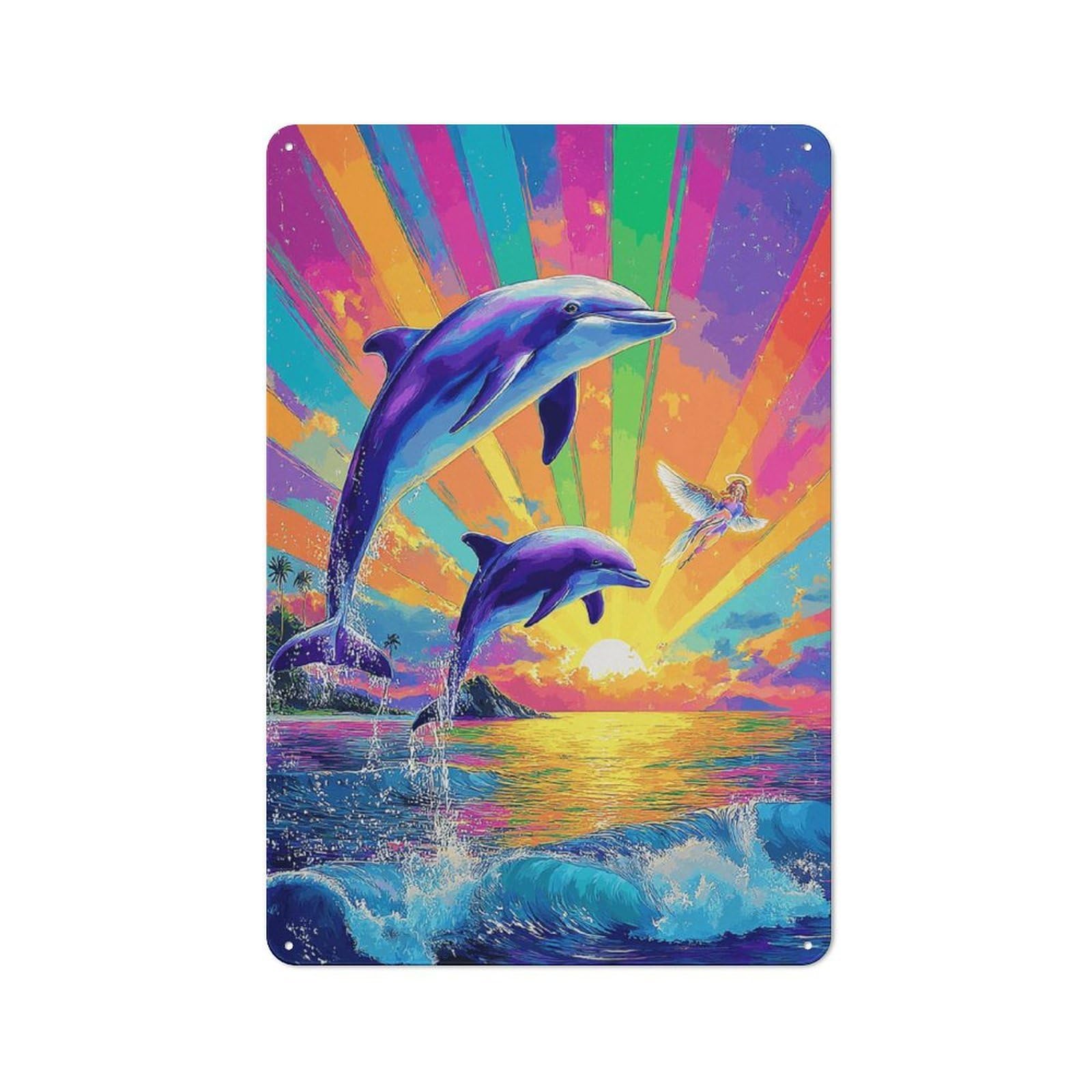 Junmoney Dolphins Leaping At Sunset Tin Sign 30X20cm With For Workshop Wall, Rustic Decor, Autumn Room Decor For Fans Of Metal Wall Signs
