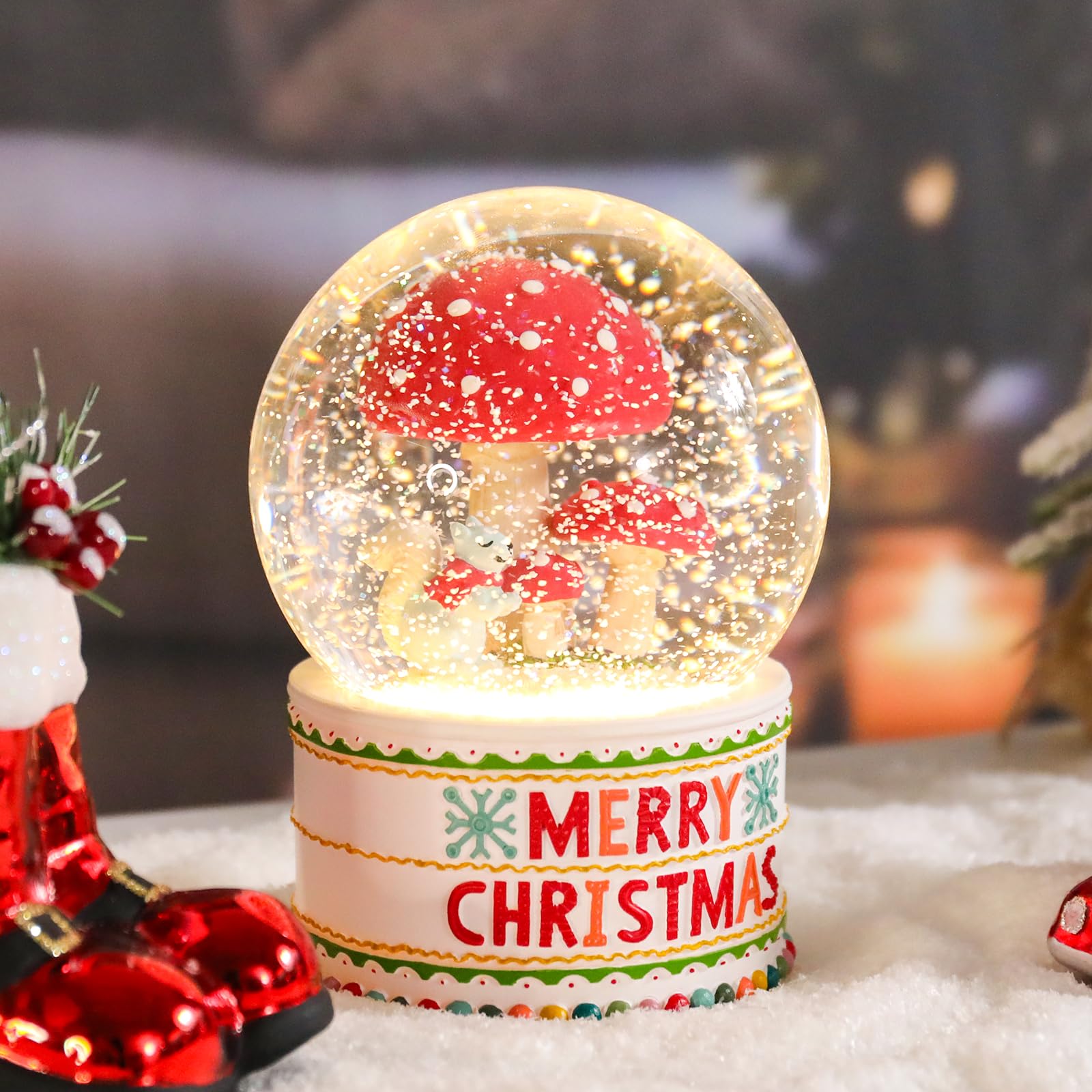 Vipush Christmas Snow Globe -Squirrels & Mushrooms Musical Snow Globe with Color Changing Led Lights, Christmas Decorations with Music Box Gifts for Girls Kids, Decorations for Christmas & Birthday
