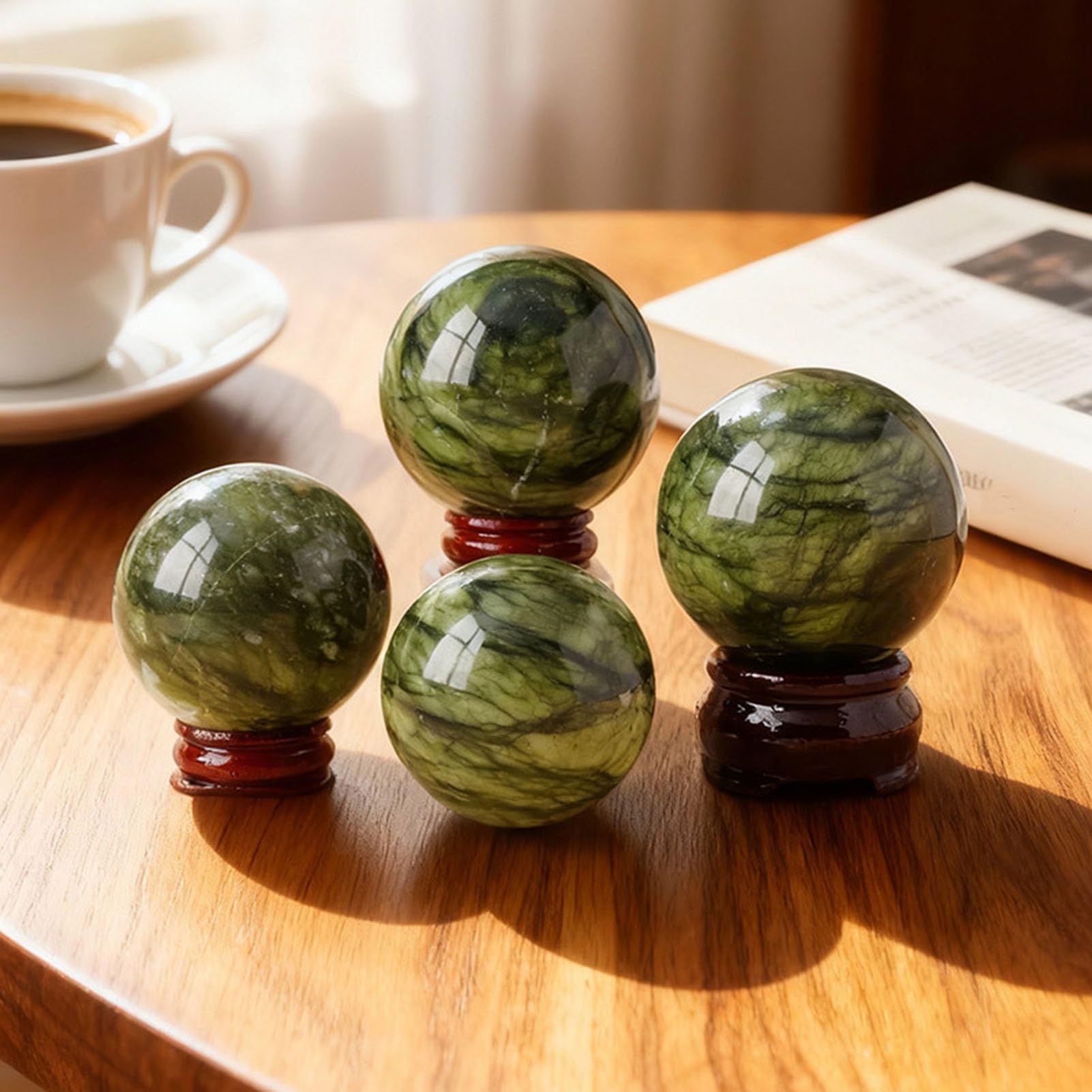 Sfera cristallo per meditazione pietra con sfera giada naturale Xiuyan | Collezione campioni sfere rotonde per decorazioni collezioni home office, sfera di cristallo naturale con base in legno