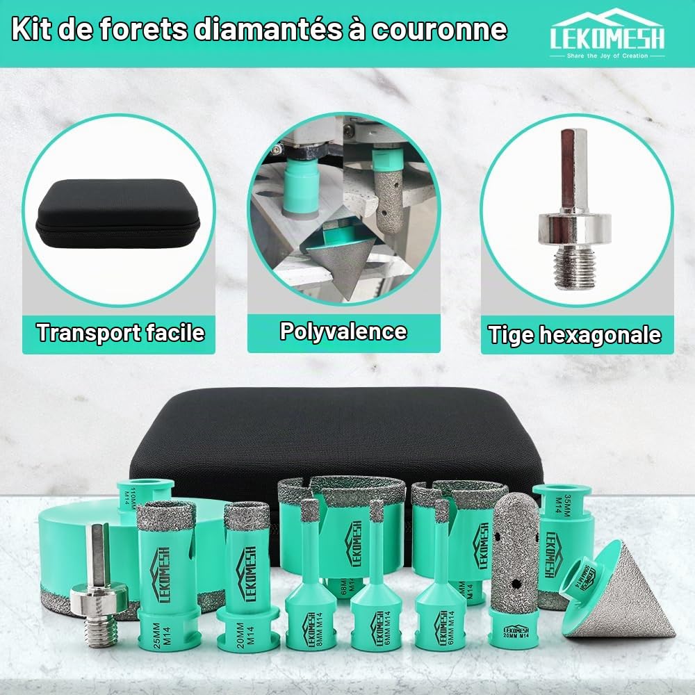 Scie Cloche Carrelage Diamant - 12pcs (6/6/8/20/25/35/50/68/110mm+20mm Fraise Diamant+50mm Mèches Chanfrein+Adaptateur) Foret Carrelage Trepans pour Porcelaine Céramique Marbre Brique Béton