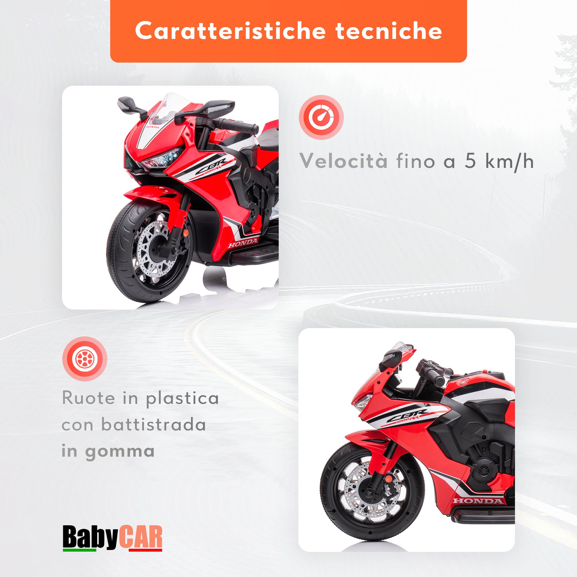 BabyCar Moto Elettrica Bambini Honda CBR 12V | Moto Elettrica Bambini 3-5 Anni con Luci, Suoni e Rotelle Stabilizzatrici | Batteria 12V 3,5Ah, Motore 30W e Acceleratore a Pedale | Rosso