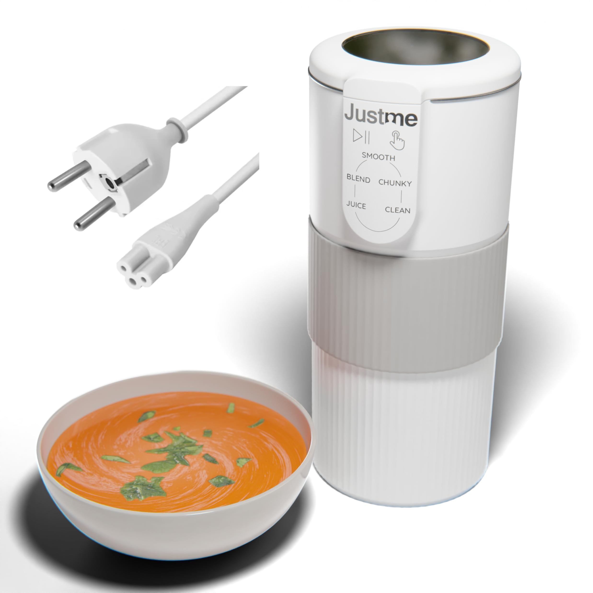 JustMe. La plus petite machine à soupe, les plus grands résultats. Machine à soupes et mélangeur à smoothie. Auto-nettoyage. Blanc. 5 programmes. Cuisine saine et facile. Léger. Version européenne