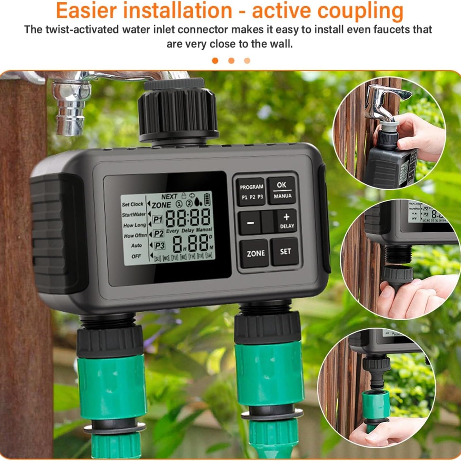 Timer for irrigazione, timer for tubo flessibile, timer for irrigazione for rubinetto da giardino con 2 uscite, timer for tubo flessibile programmabile, controller for sistema di irrigazione con 3 pro