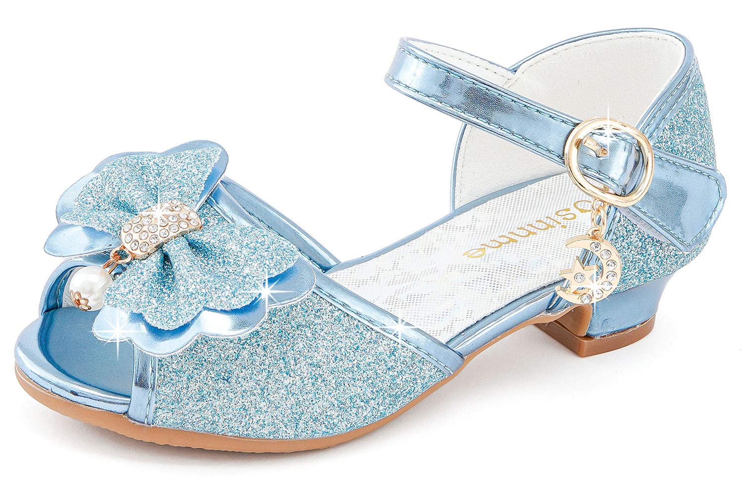 Osinnme Low Heel Shoes Sandals for Girls Light Blue Toddler Wedding Dress Glitter Shoes Size 9.5 M Princess Sequin Little Flower Girls Cute Rhinestone Shoe (Blue 26)