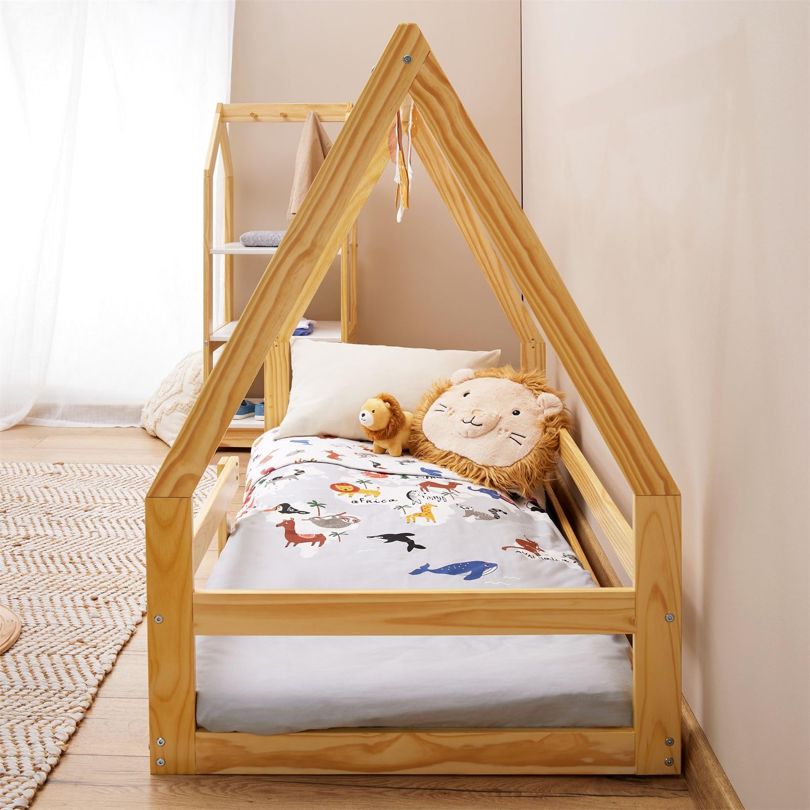 IDIMEX Hausbett LUSIA Kinderbett in Hausform, 80 x 160 cm, Natur, Kiefernholz Kinderbett mit Rausfallschutz, ideal zum Schlafen und Spielen, Bodenbett, Montessori