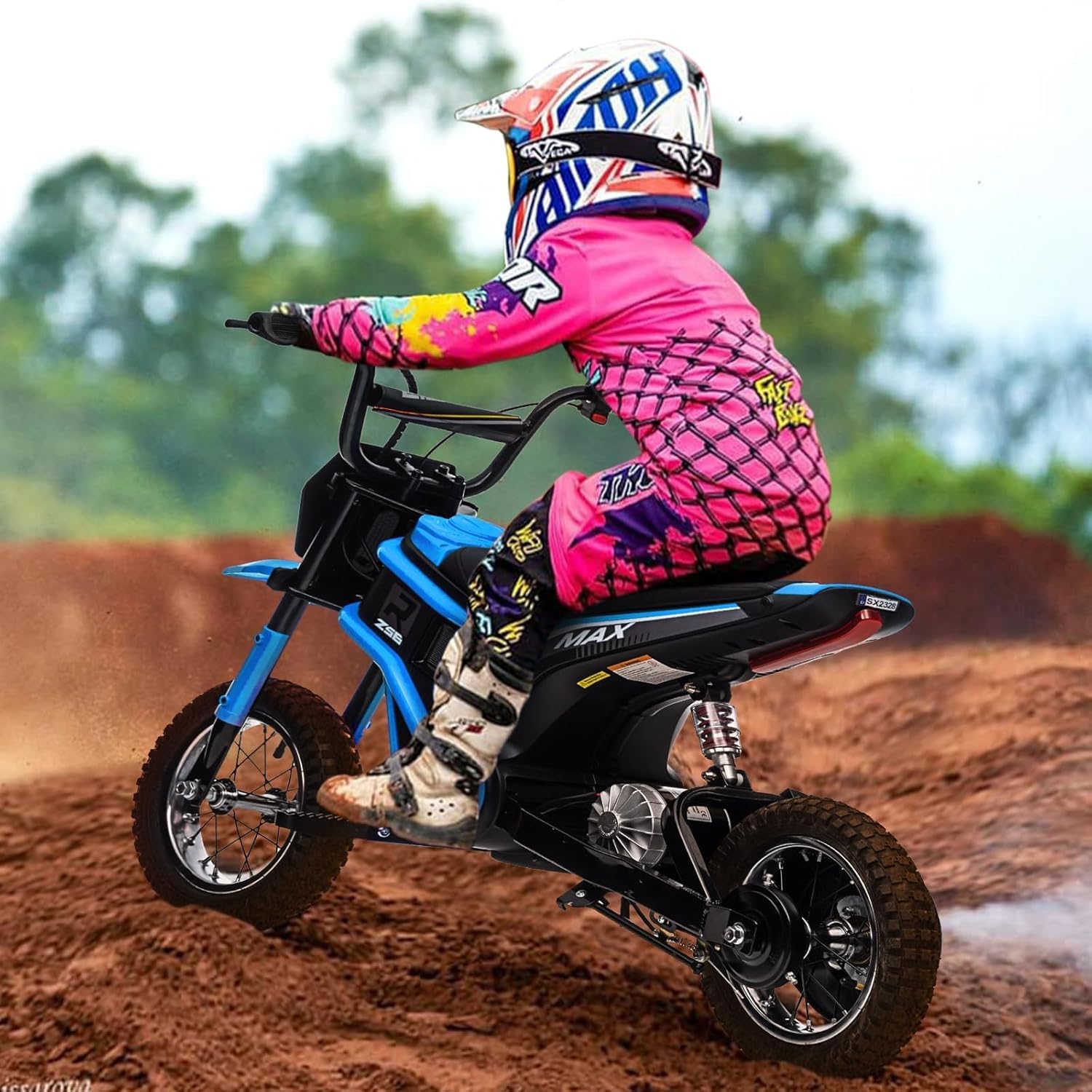 Garvee Moto Électrique Enfants 12V avec Double Batterie et Moteur 250W | Motocross Électrique avec Amortisseur, Roues Résistantes, Vitesse 10-23 km/h, Charge 65 kg, pour Enfants 13+ Ans, Bleu