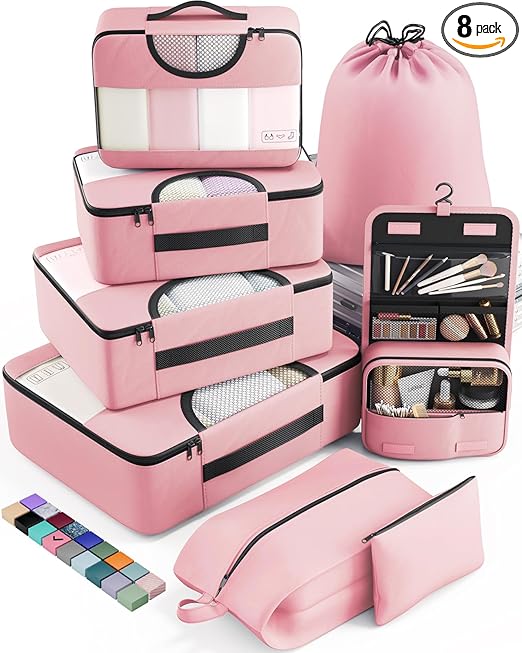 Veken 8 Set Packing Cubes for Travel Essentials, Suitcase Organizer Bags Set for Luggage, Road Trip Travel Accessories in 4 Sizes (Extra Large, Large, Medium, Small), Pink