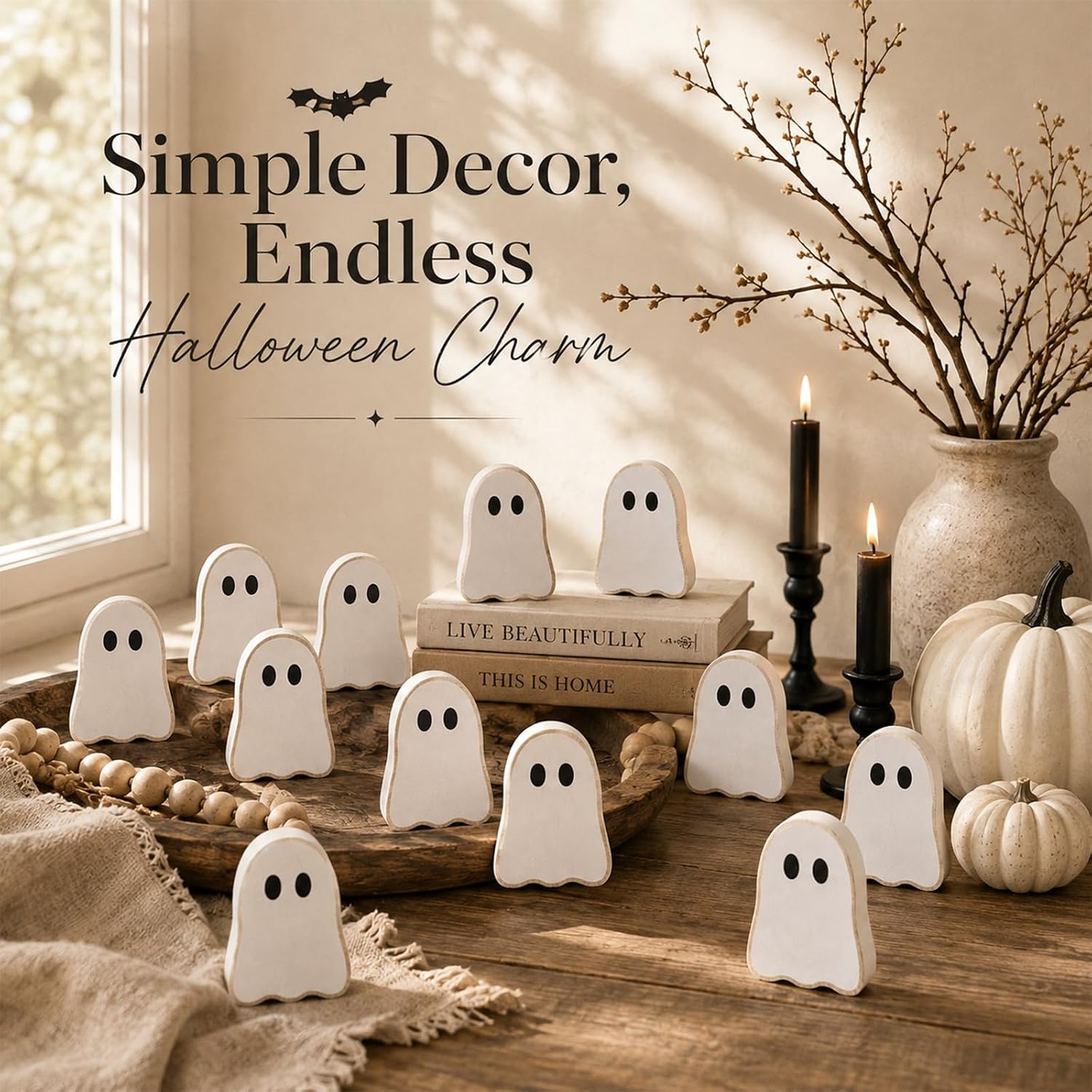 Amyhill 18 Pcs Halloween Ghost Decor, Halloween Wooden Ghost Bowl Fillers
