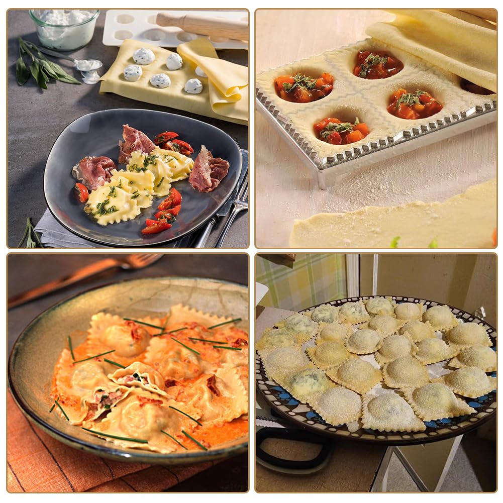 Set 5 Pezzi per Ravioli, Stampo per 12 Pezzi, con Mattarello in Legno, Tagliapasta, Spatola e Stampo in Alluminio Antiaderente per Pasta Fresca, Gyoza, Pelmeni, Ravioli e Fagottini