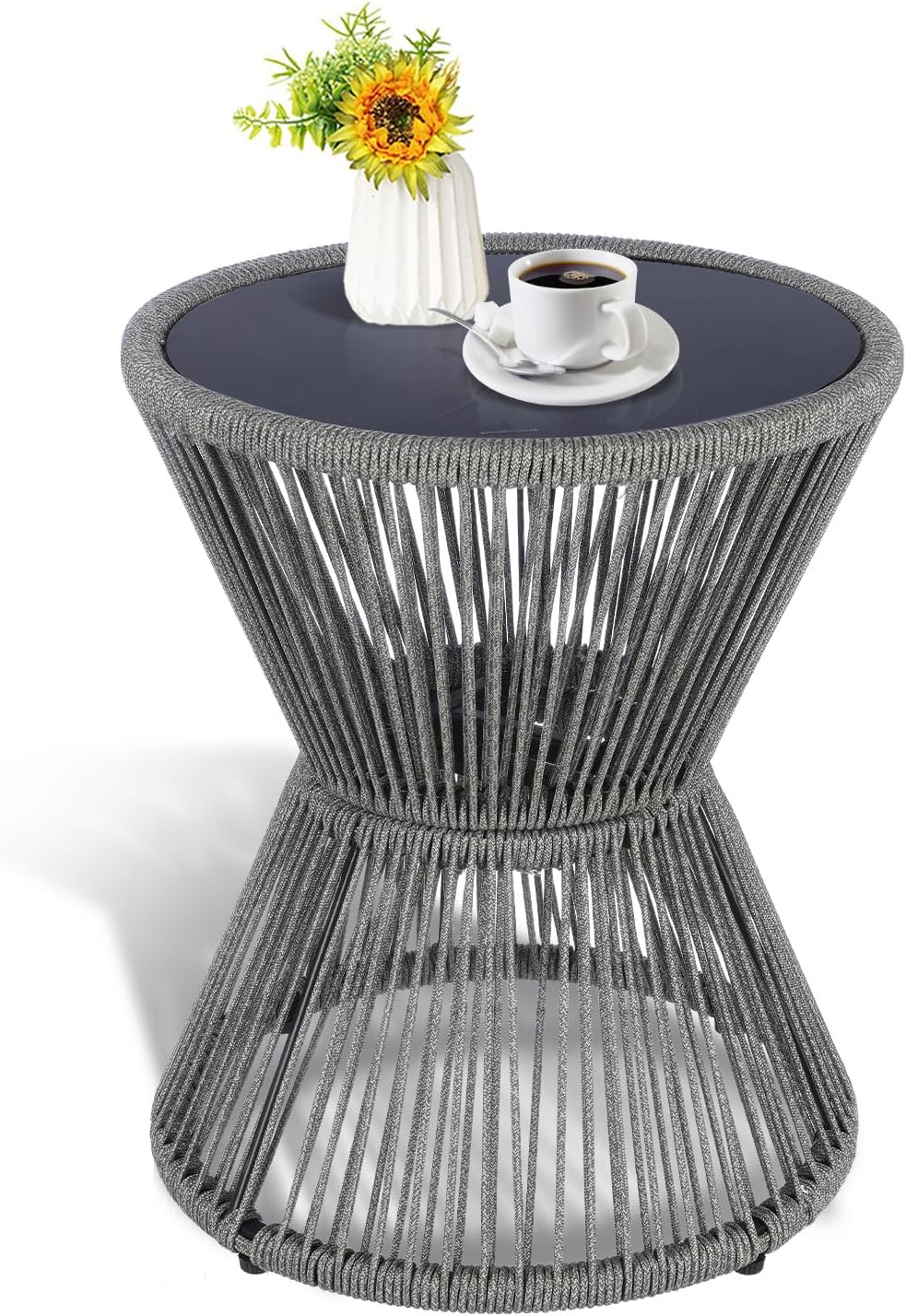 lewis&wayne small outdoor side table patio 20’’ h woven rope hourglass end table with glass top round coffee table for living room outdoor patio backyard poolside (gray) grey