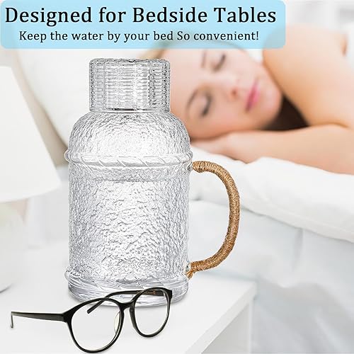 Miniatura 7 de Mezchi Juego de 2 jarras de agua de noche y vidrio con asa, jarra de agua de 75 onzas con vaso de vidrio, jarra de agua vintage transparente para