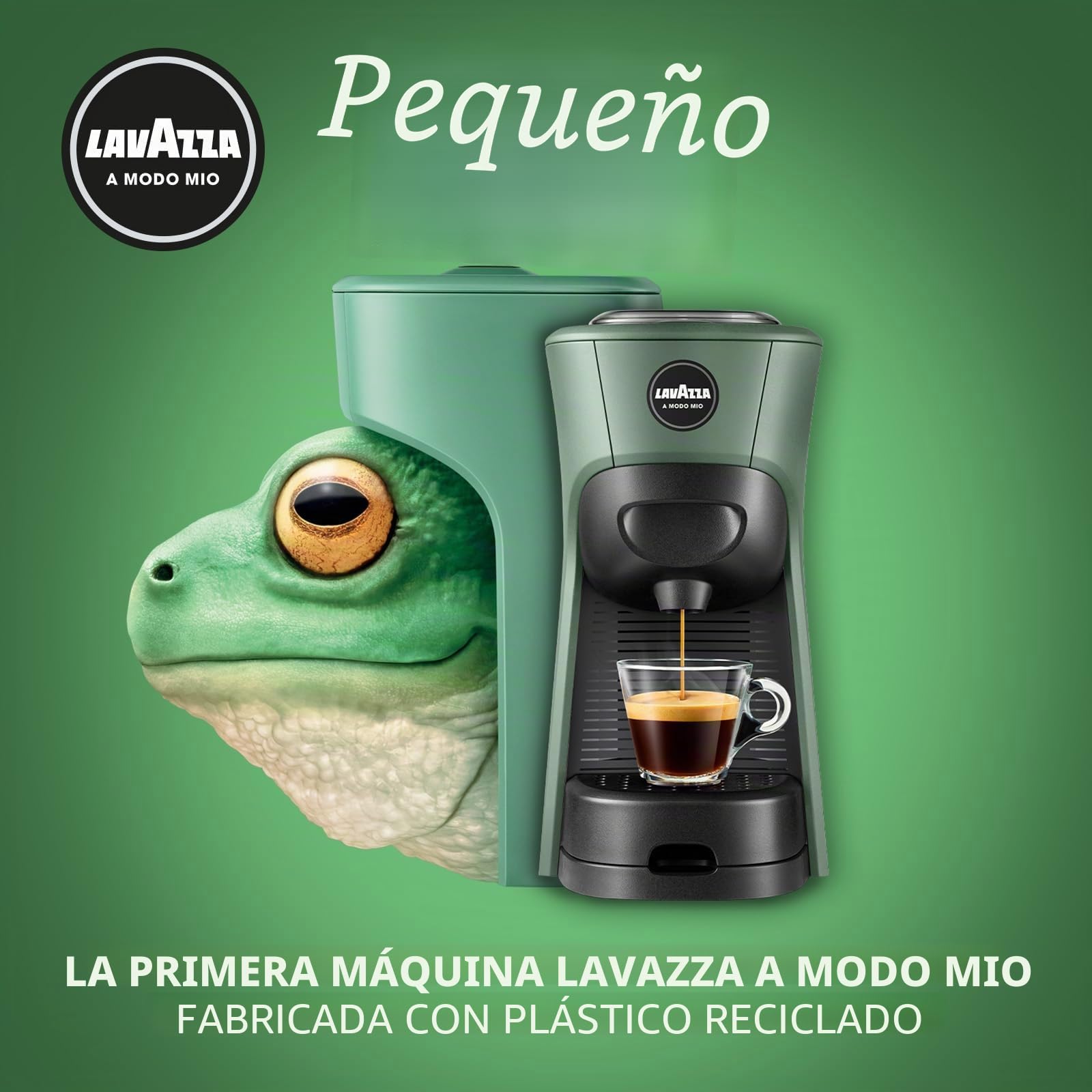 Lavazza, A Modo Mio - Máquina de café Tiny Eco verde con 64 cápsulas ¡Tierra! Surtidas, cafetera expreso de plástico reciclado, 1450 W, 220-240 V, 50/60 Hz, 0,6 litros