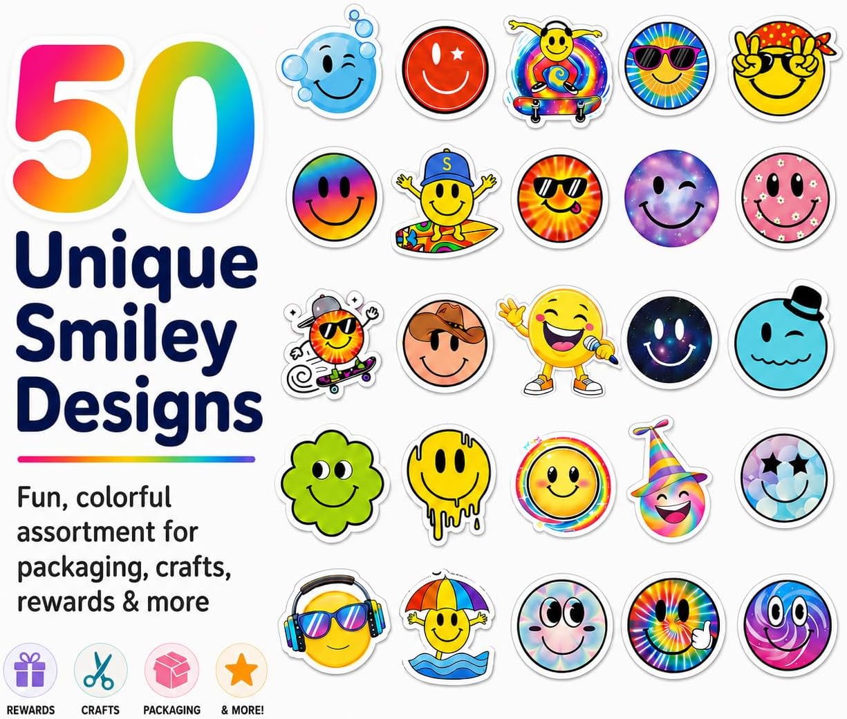Cool Smiley Face Stickers, 50 Pcs, 2.12 Inch Waterproof for Water Bottles image 2