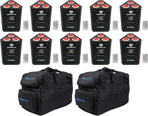 10 Rockville RF Wedge Black RGBWA+UV Batería inalámbrica DMX Up Lights+Bags+Remotes