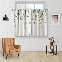 Vista 2 de Aimego Cortinas de Cocina con Hojas de Eucalipto Florales - Cortinas Cortas de Cafetería Tier Rústicas Campestres de Plantas Botánicas con Flores