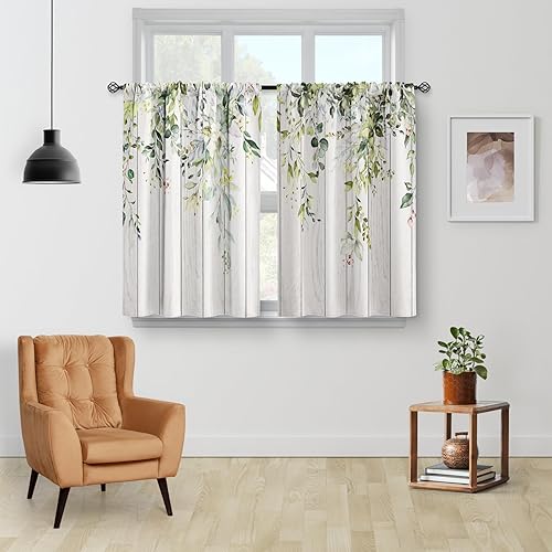 Miniatura 2 de Aimego Cortinas de cocina con hojas de eucalipto y flores rústicas botánicas de primavera, cortinas cortas para cafetería, decoración de acuarela,