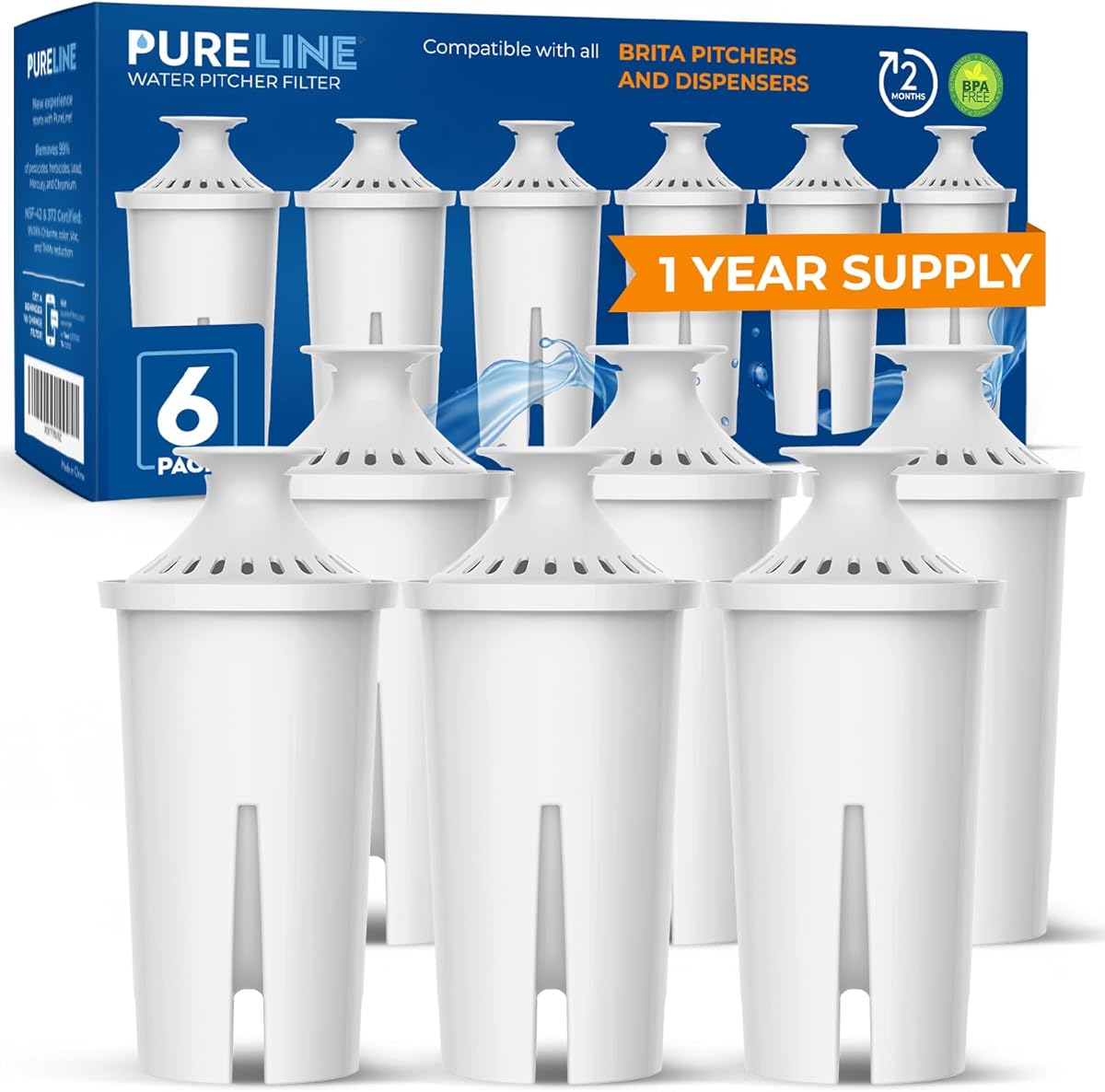 PURELINE Advanced Brita Replacement Water Filters for Brita Pitchers and Dispensers. Compatible with all Brita Pitchers and Dispensers. Advanced Triple Action Filtration. (6 Pack)