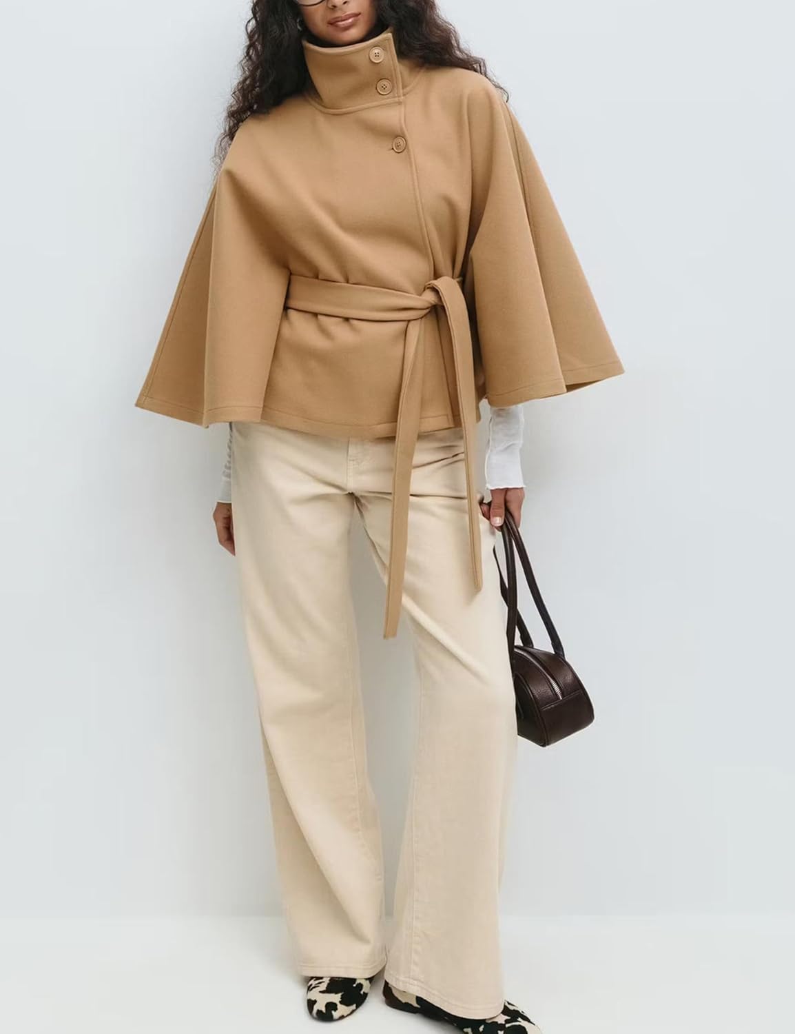 OPCAKM Women's Batwing Sleeve Poncho Coat Oversized Winter Pea Coat Stand Collar Cropped Cape Jacket with Belt - Image 2