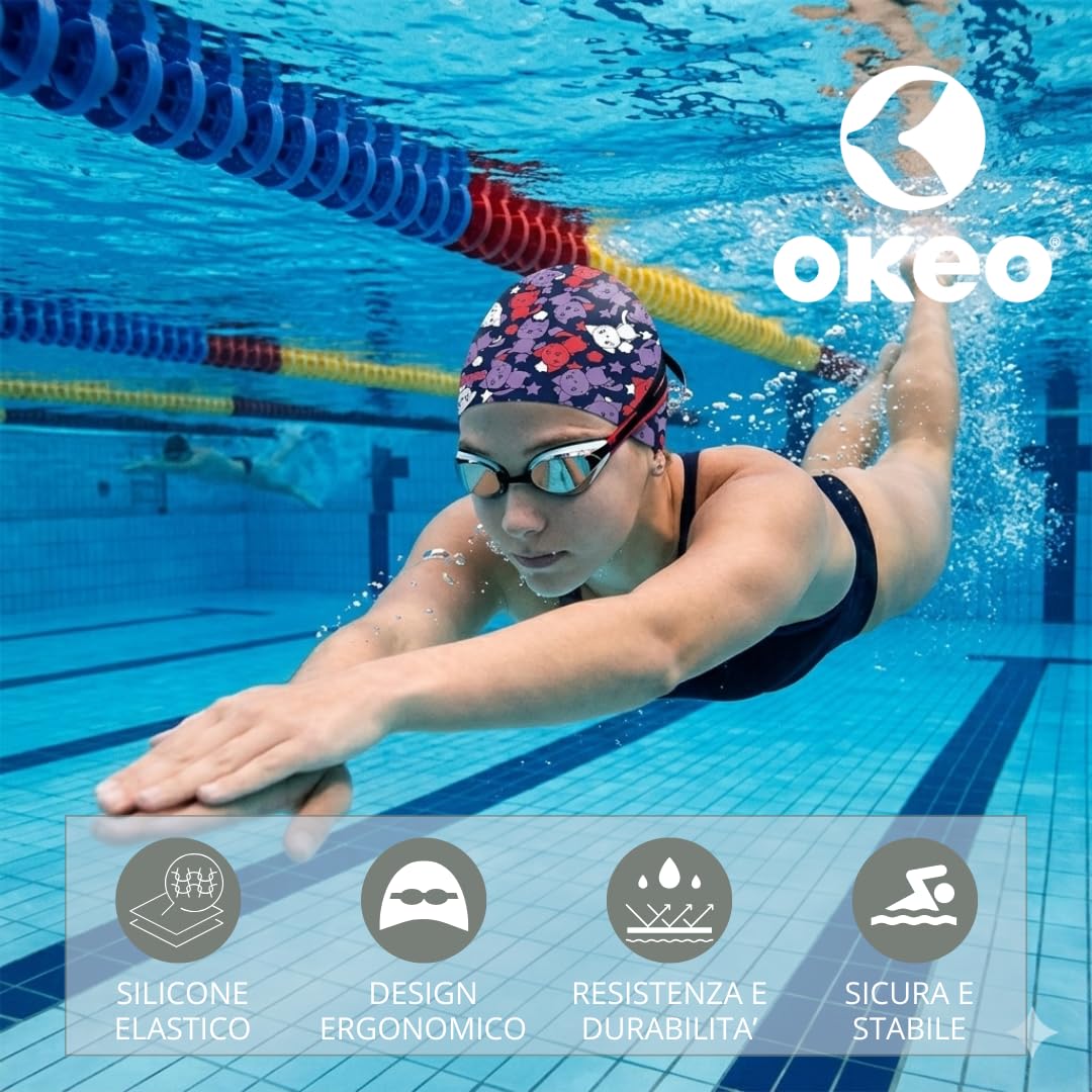 Okeo Cuffia Nuoto Silicone, Cuffia Piscina Uomo Donna, Silicone Elasticizzato Antiscivolo, Design Ergonomico Idrodinamico, Grafica Pecore, Ideale per Allenamento e Gara