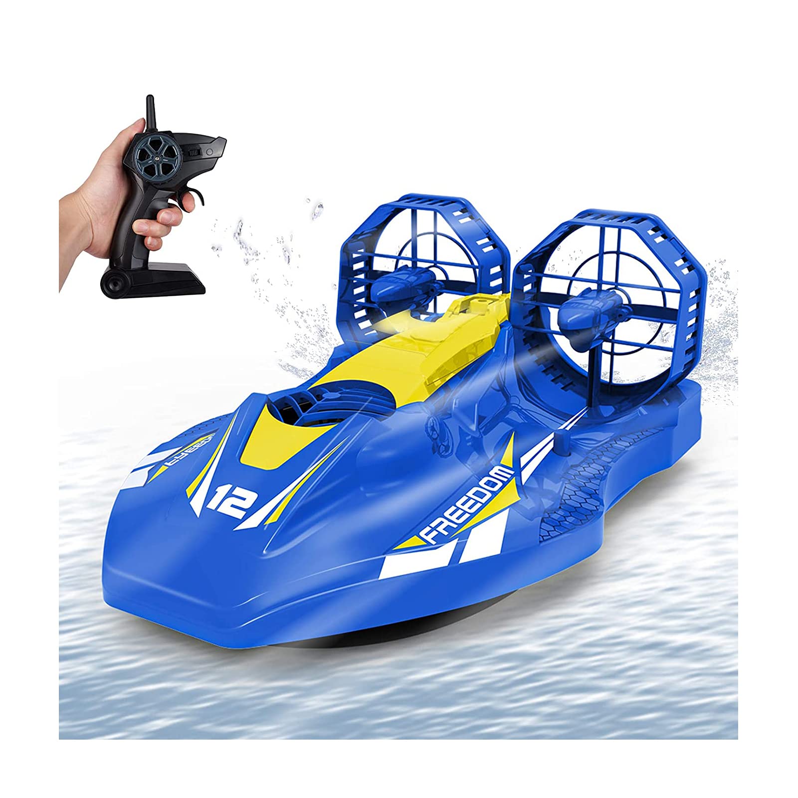 2.4GHz Bateau Télécommandé pour Aéroglisseurs Terrestres et Aquatiques Double Pouvoir, Rappel de Batterie Faible, Cadeaux de Jouets Nautiques pour Enfants et Adultes, Bleu