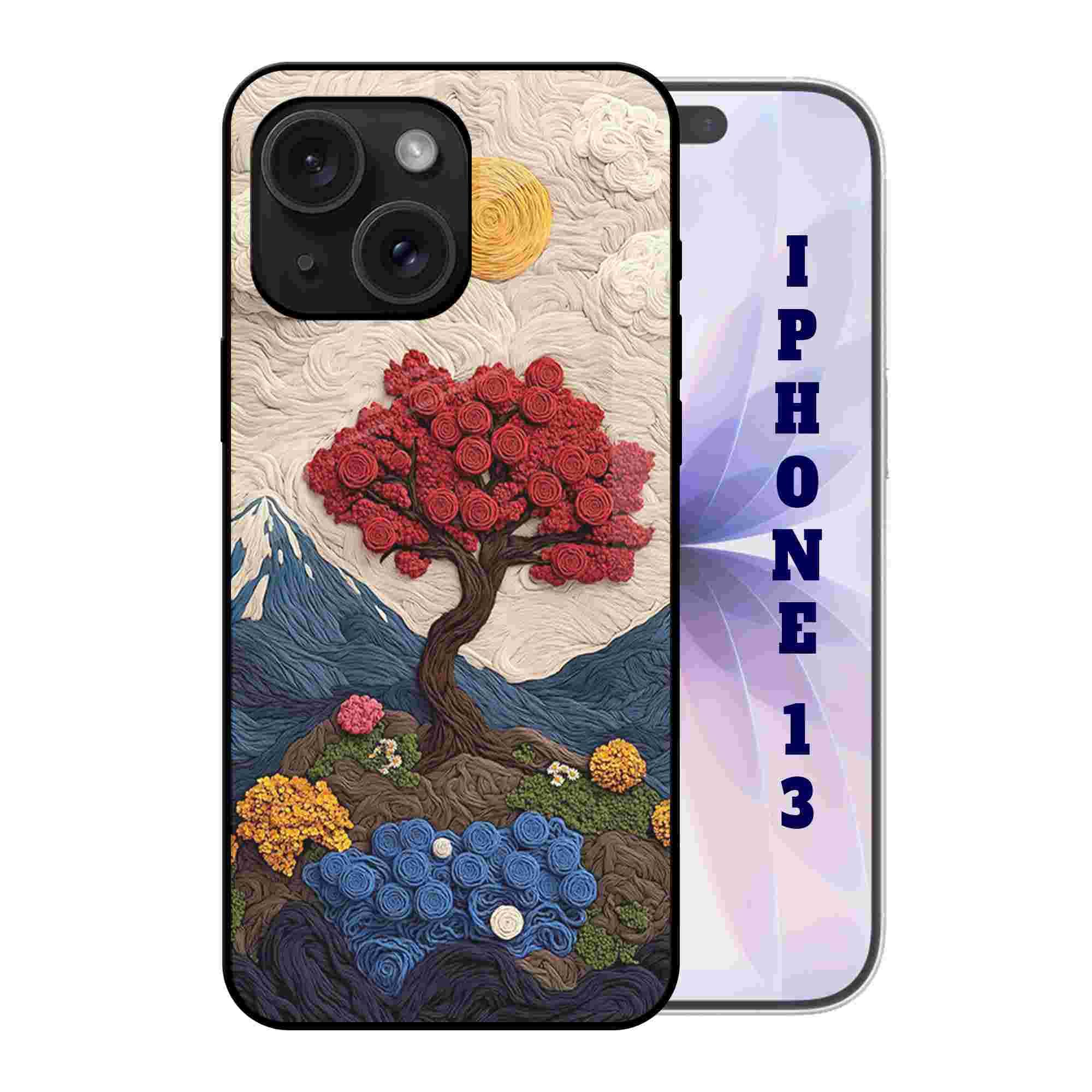 Abaci® Back Case Cover for iPhone 13 | Aesthetic Red Tree | Printed Glass, Glossy Slim Lightweight, Wireless Charging, Drop Protection