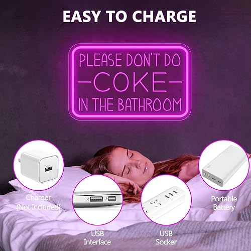 Miniatura 8 de Letrero de neón con texto en inglés "Please Don't Do Coke in The Bath" para decoración de pared, luz LED de neón alimentada por USB con brillo