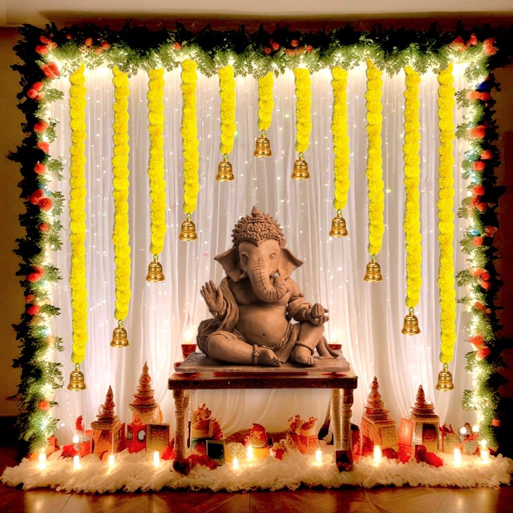 TREEWING Pooja Decoration Items for Home Decor with LED Lights, Marigold Garlands with Bells, Backdrop Net Curtain with Ribbon, Hooks | for Ganpati/Diwali (Yellow, 10 Marigold+Bells) (B0DDCTCPV6) Amazon Price History, Amazon Price Tracker