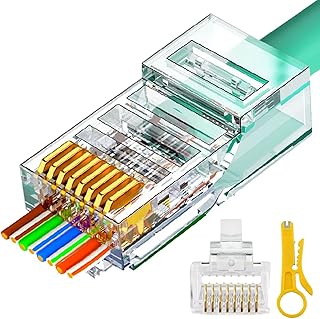 RJ45 Cat6 Cat5e Pass Through Connectors 100 Packs Gold Plated 3 Prong 8P8C Modular Ethernet UTP Network Cable Plug for Unshielded Twisted Pair Solid Wire & Standard Cables