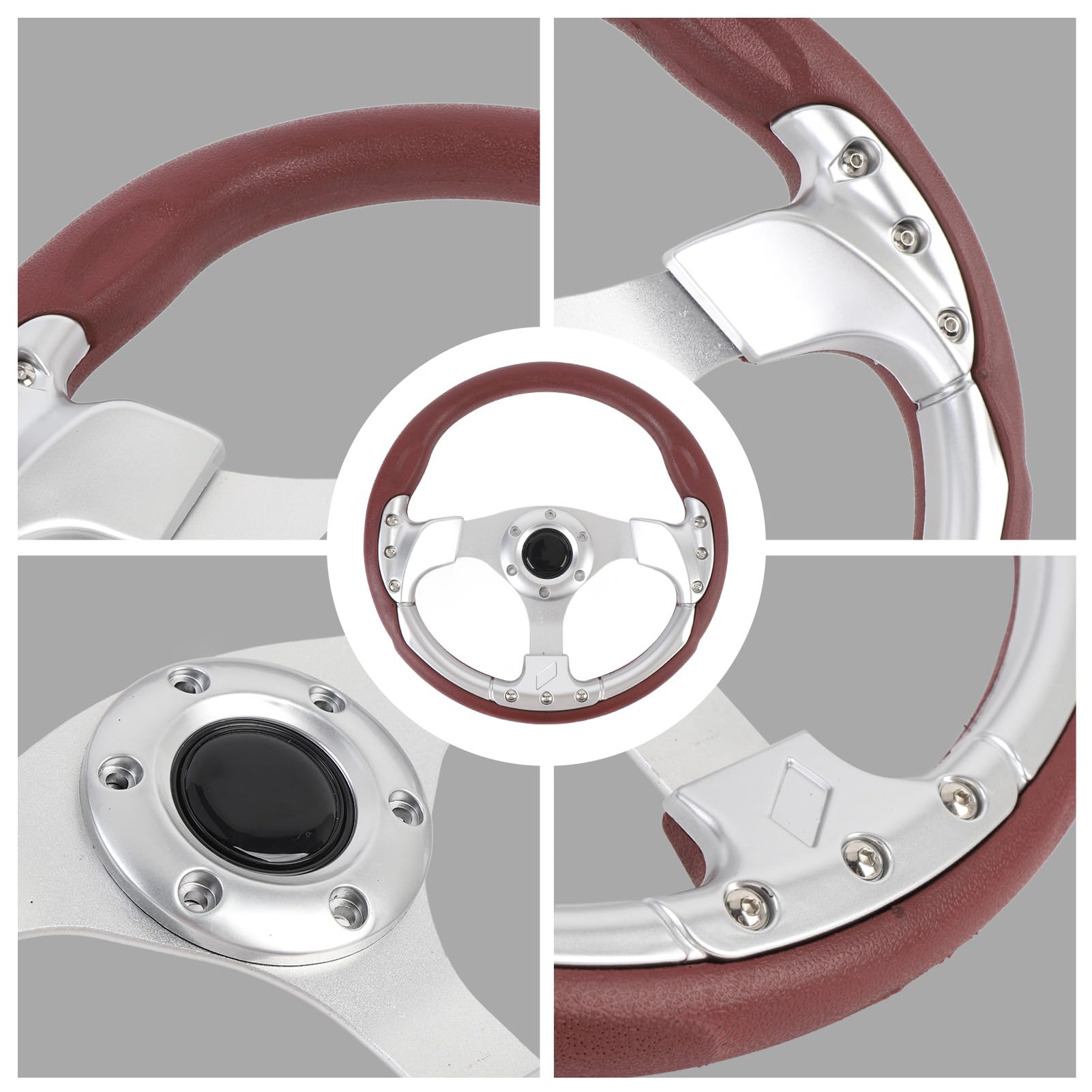 Volante 13 Pollici, Volante Stile in Pelle PU con Raggi in Alluminio, Volante Sportivo Universale per Auto a 6 Bulloni (SILVER)