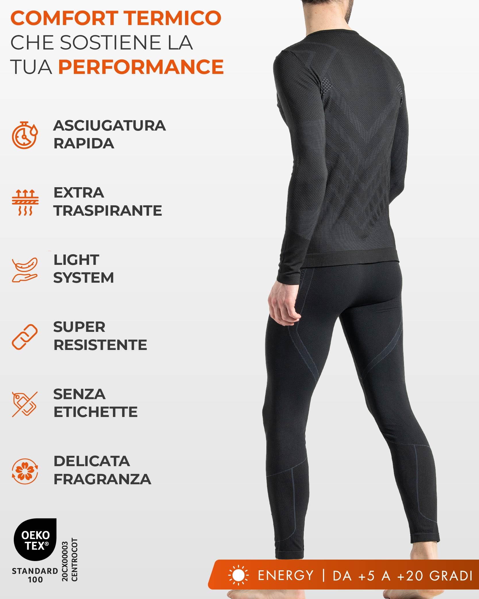 Risalti Tuta Termica Uomo Invernale Energy - Completo Maglia Termica Uomo e Calzamaglia con Scaldacollo Omaggio, Intimo Seamless, Traspirante e Termoregolante – Made in Italy