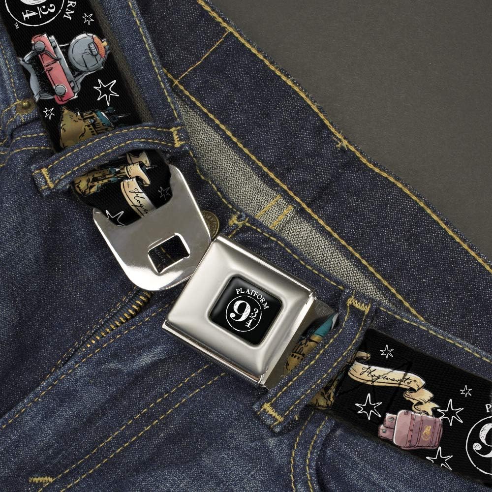 The Wizarding World of Harry Potter Belt, Seatbelt Buckle Belt, Harry Potter Platform 9 3/4 Collage Black White, Adjustable