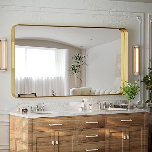 Vista 124 de Espejo de baño dorado de 30 x 22 pulgadas para pared, marco de aleación de aluminio, espejo rectangular montado en la pared para decoración
