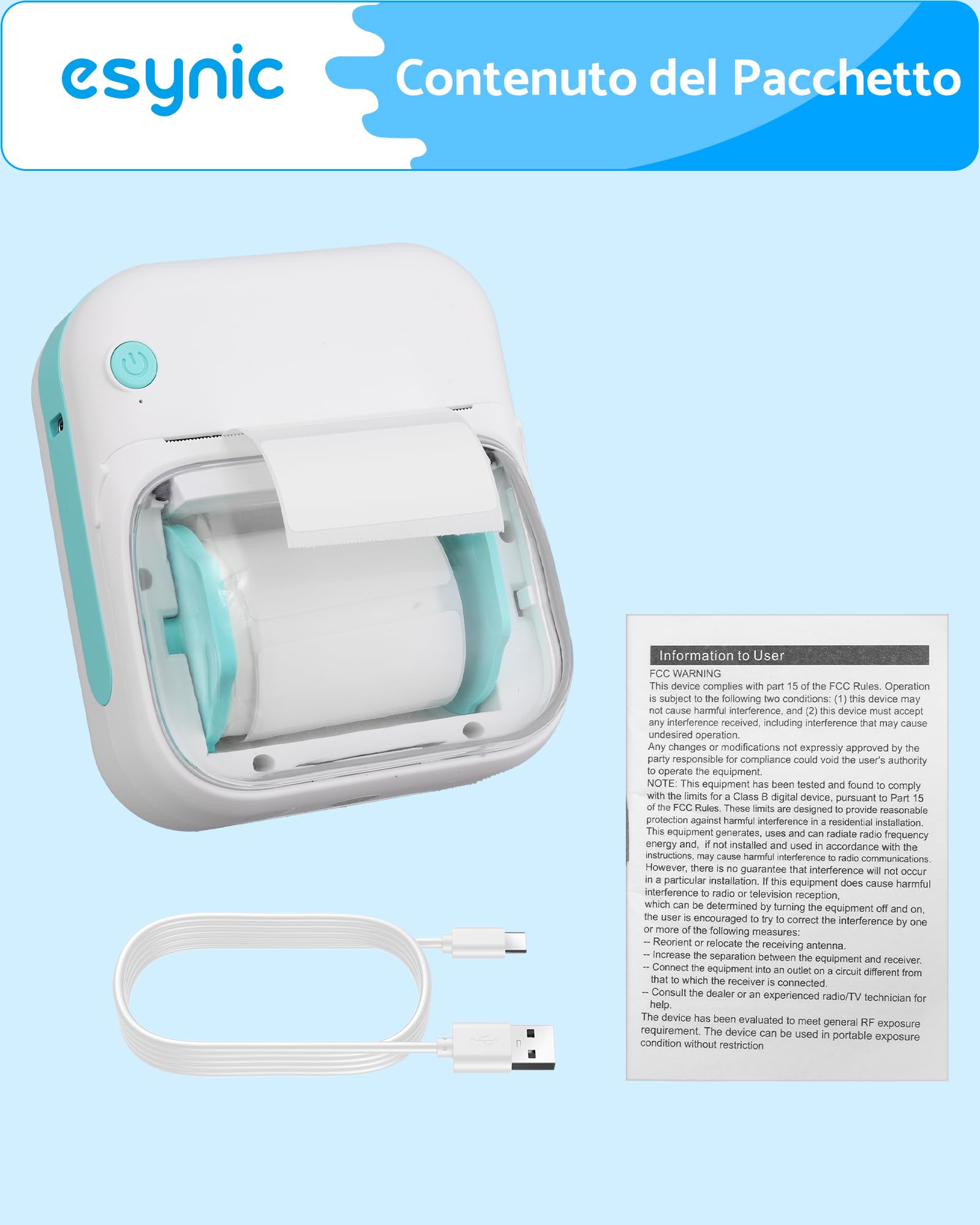 eSynic Mini Etichettatrice Bluetooth e USB con Carta 40x20mm, Cartuccia Visibile con Rullo Rimovibile, Stampante Termica Compatibile con Etichetta 20x10–50x50mm, Ideale per Casa, Ufficio, Studio